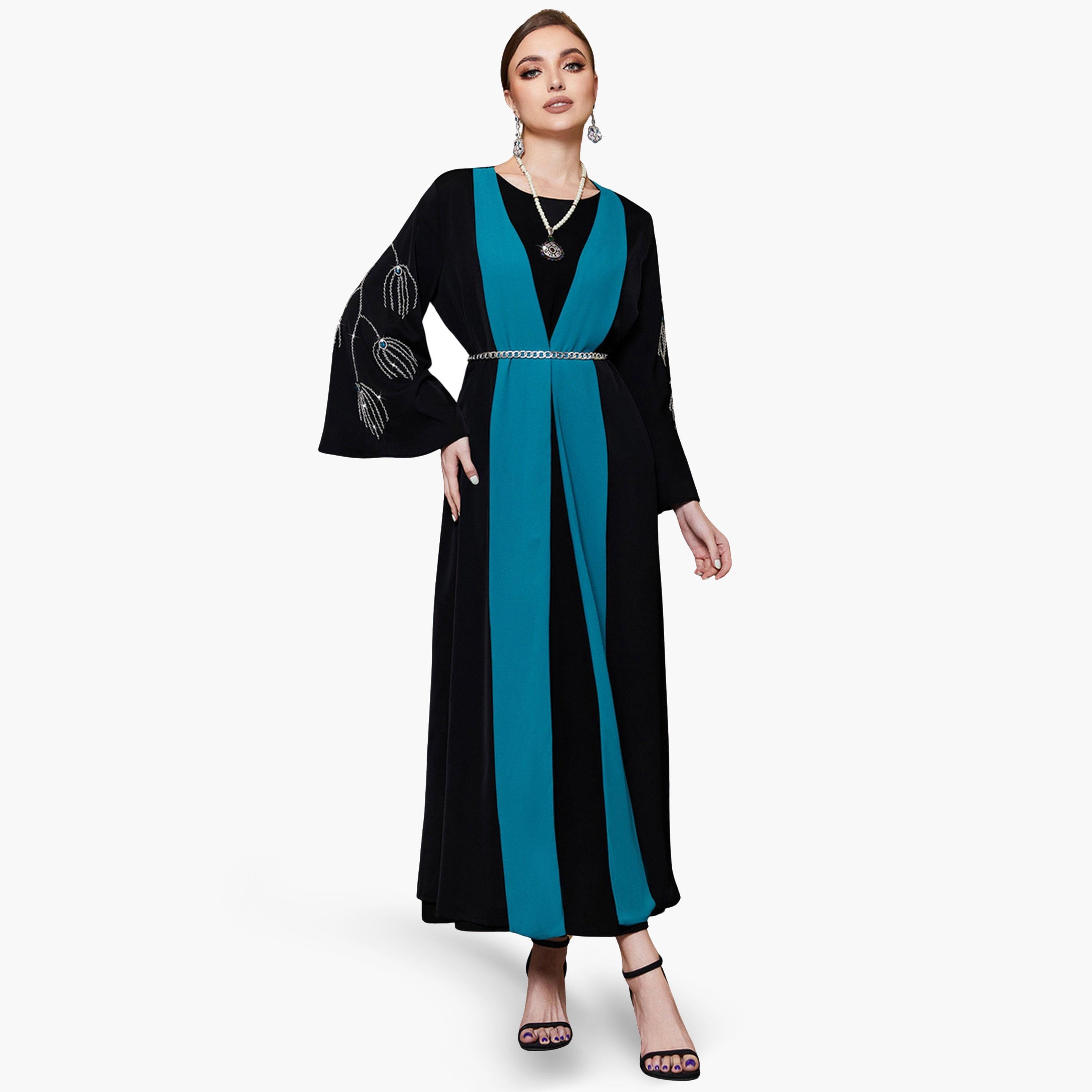 عباية نسائية بنمط كتل الالوان ومزينة بالفصوص-women-arabicclothing-abayas-image-1