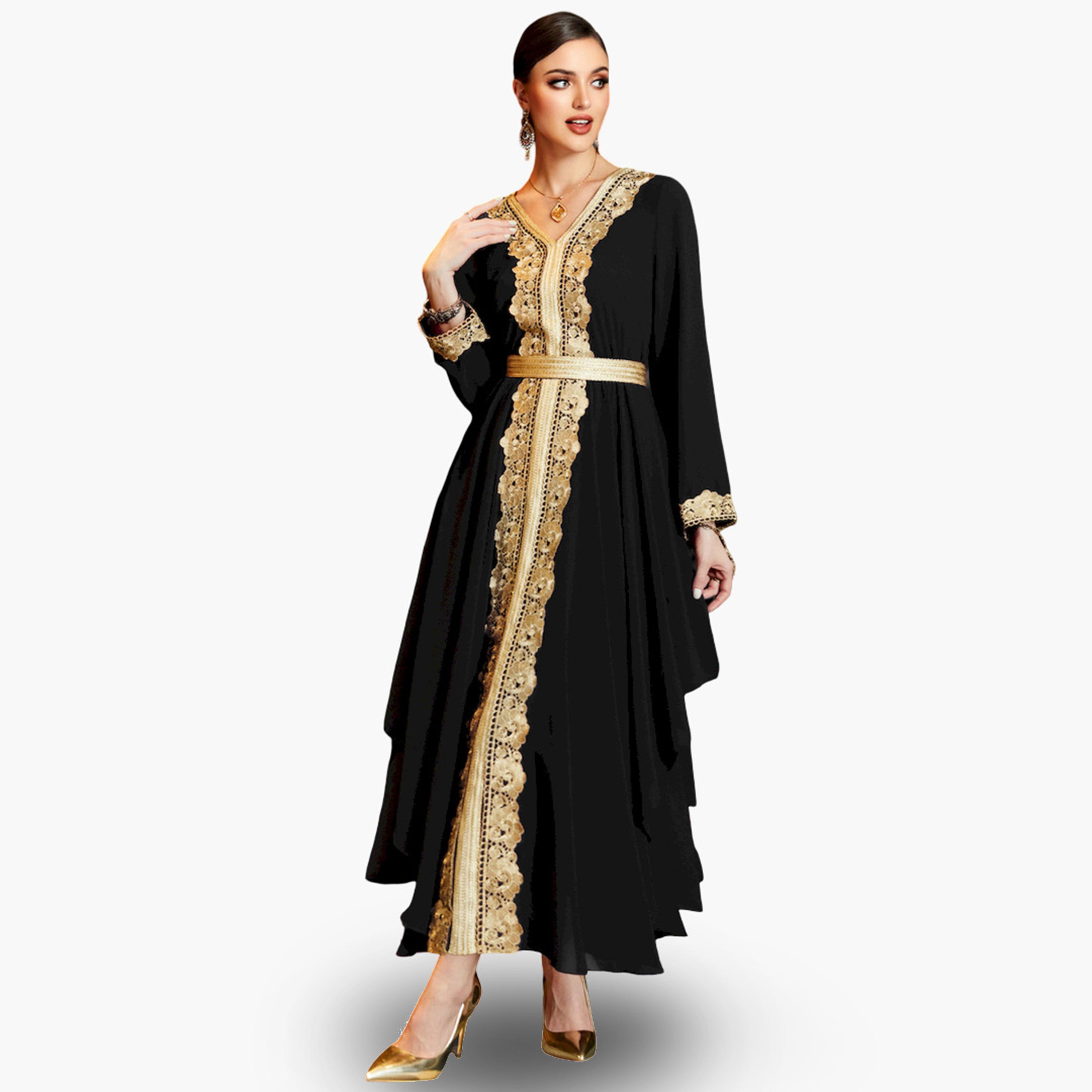 Take Two Women Black Golden Trim Patch Detail Jalabiya-women-arabicclothing-jalabiyas-image-1