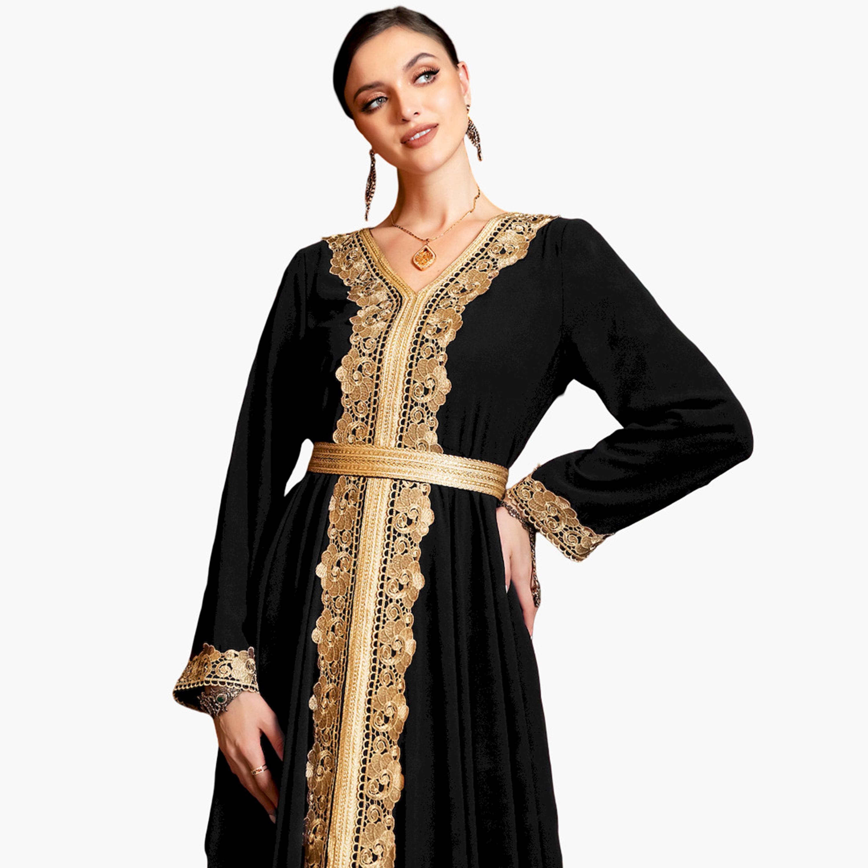 Take Two Women Black Golden Trim Patch Detail Jalabiya-women-arabicclothing-jalabiyas-image-2