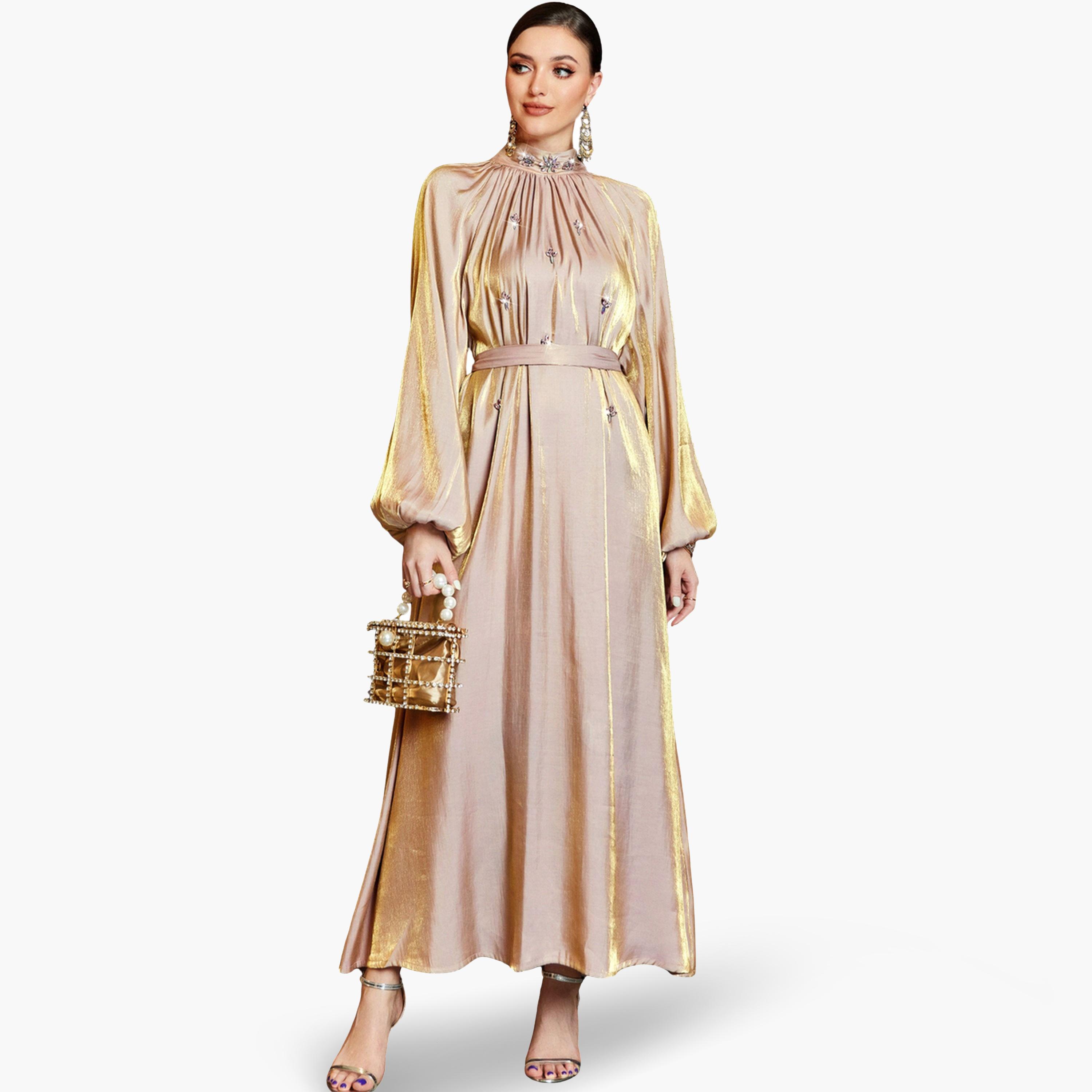 فستان طويل نسائي مكسر بأكمام منفوخة وفصوص-women-clothing-dresses-image-1