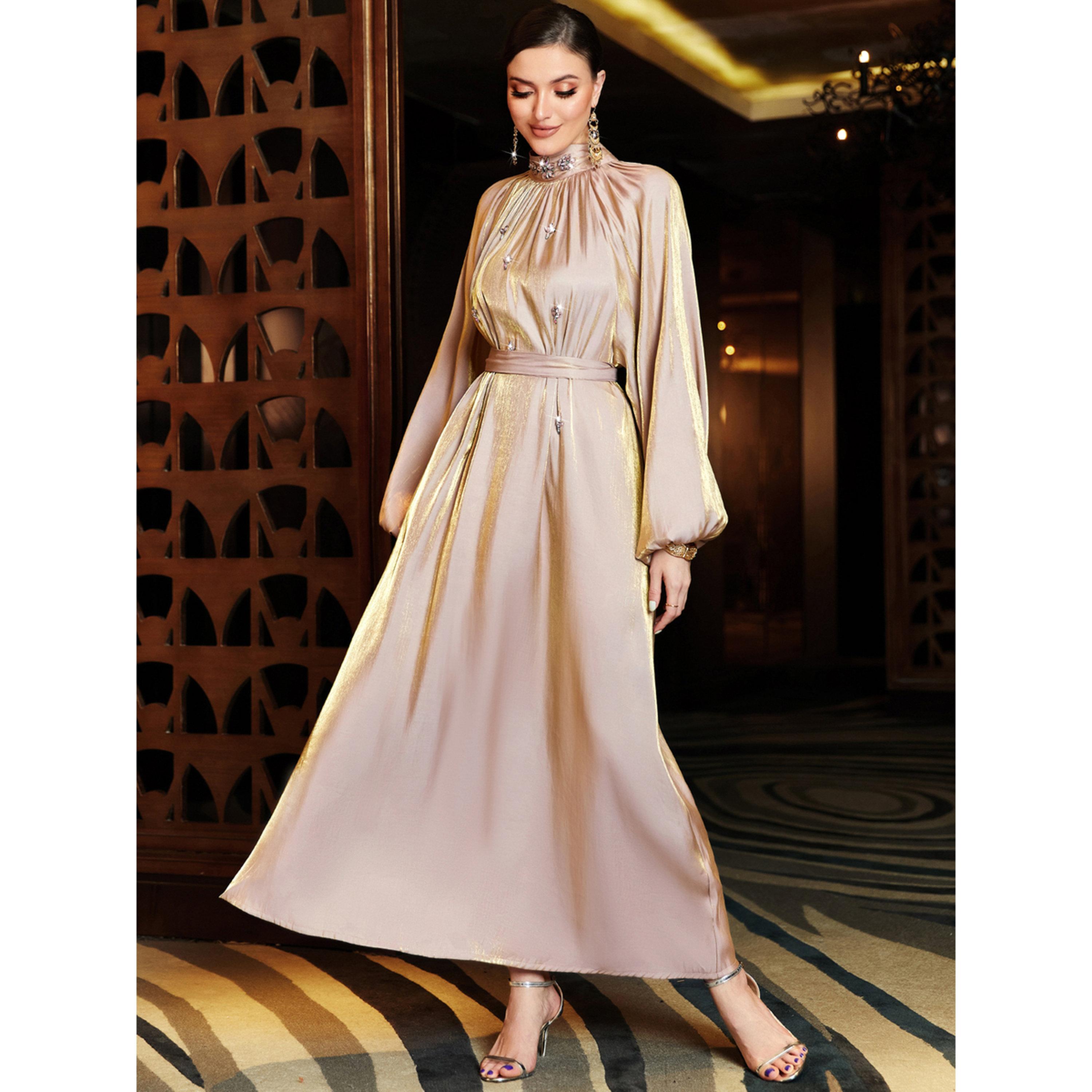فستان طويل نسائي مكسر بأكمام منفوخة وفصوص-women-clothing-dresses-image-2