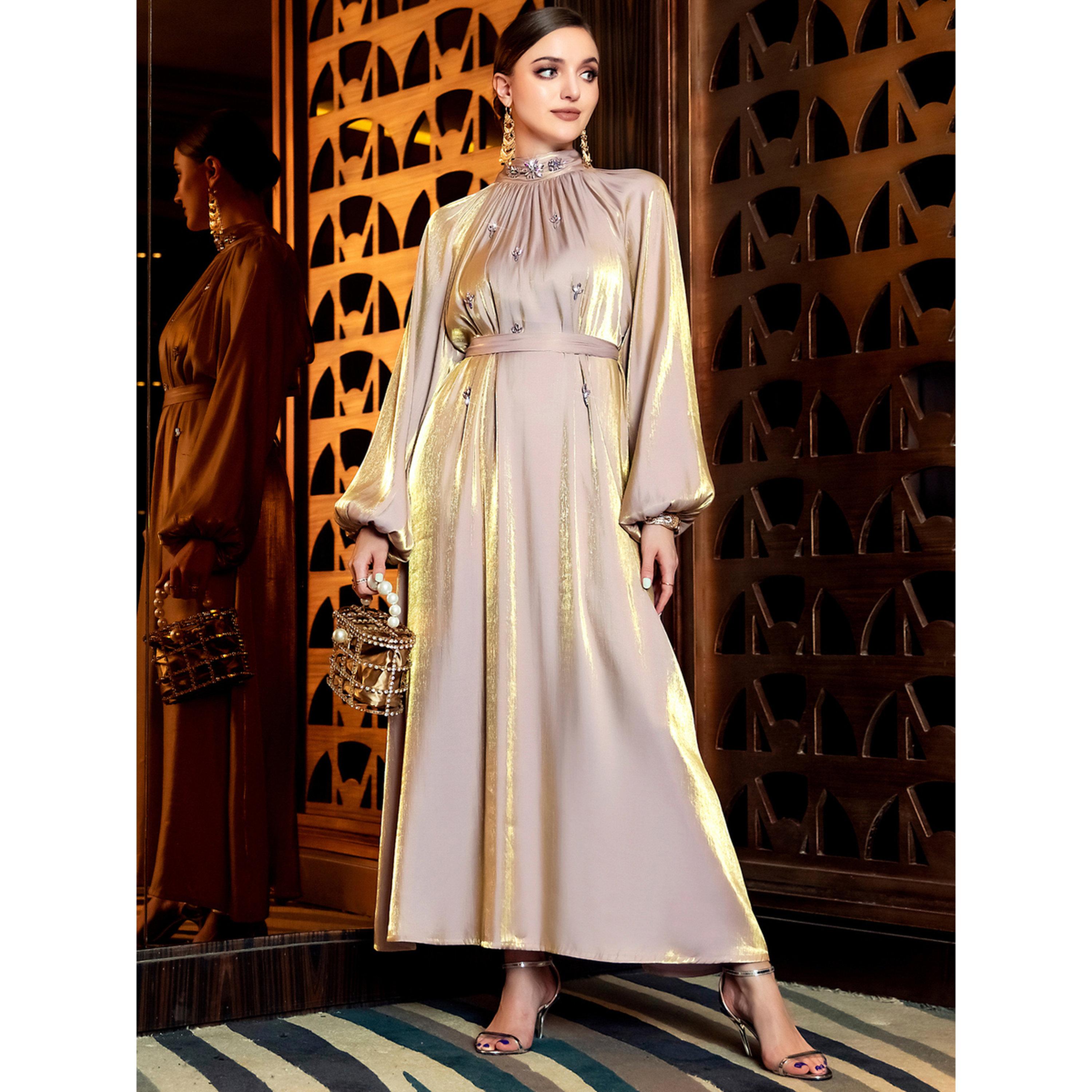 فستان طويل نسائي مكسر بأكمام منفوخة وفصوص-women-clothing-dresses-image-4