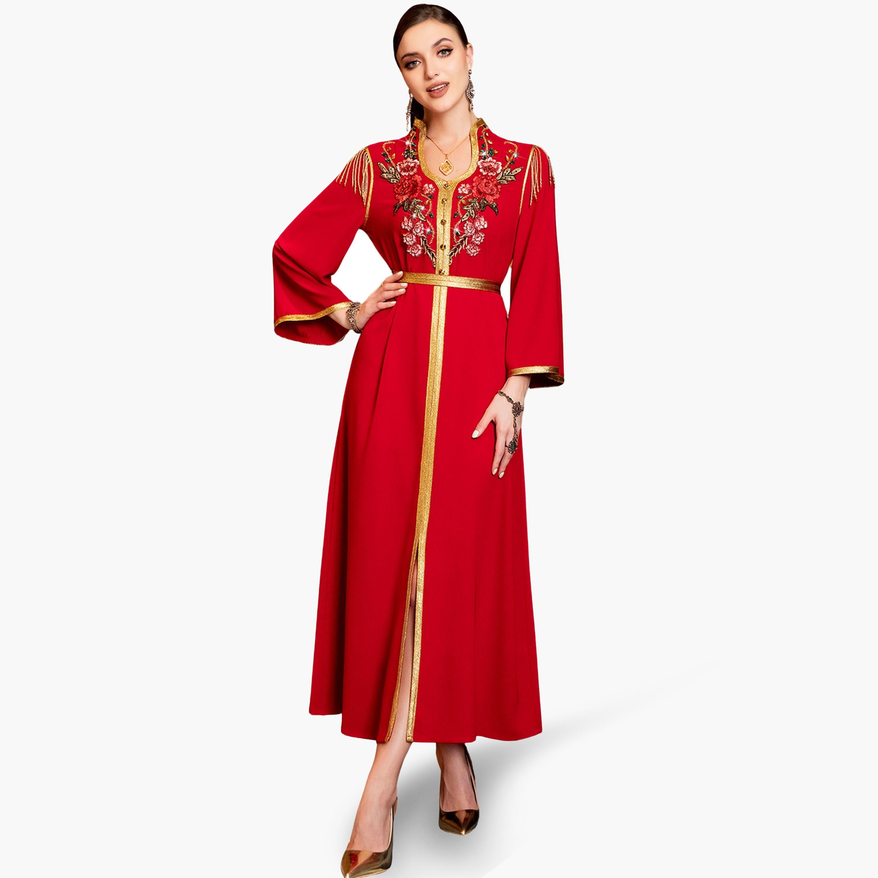 Take Two Women Red Embroidered Rhinestone Embellished Jalabiya-women-arabicclothing-jalabiyas-image-1