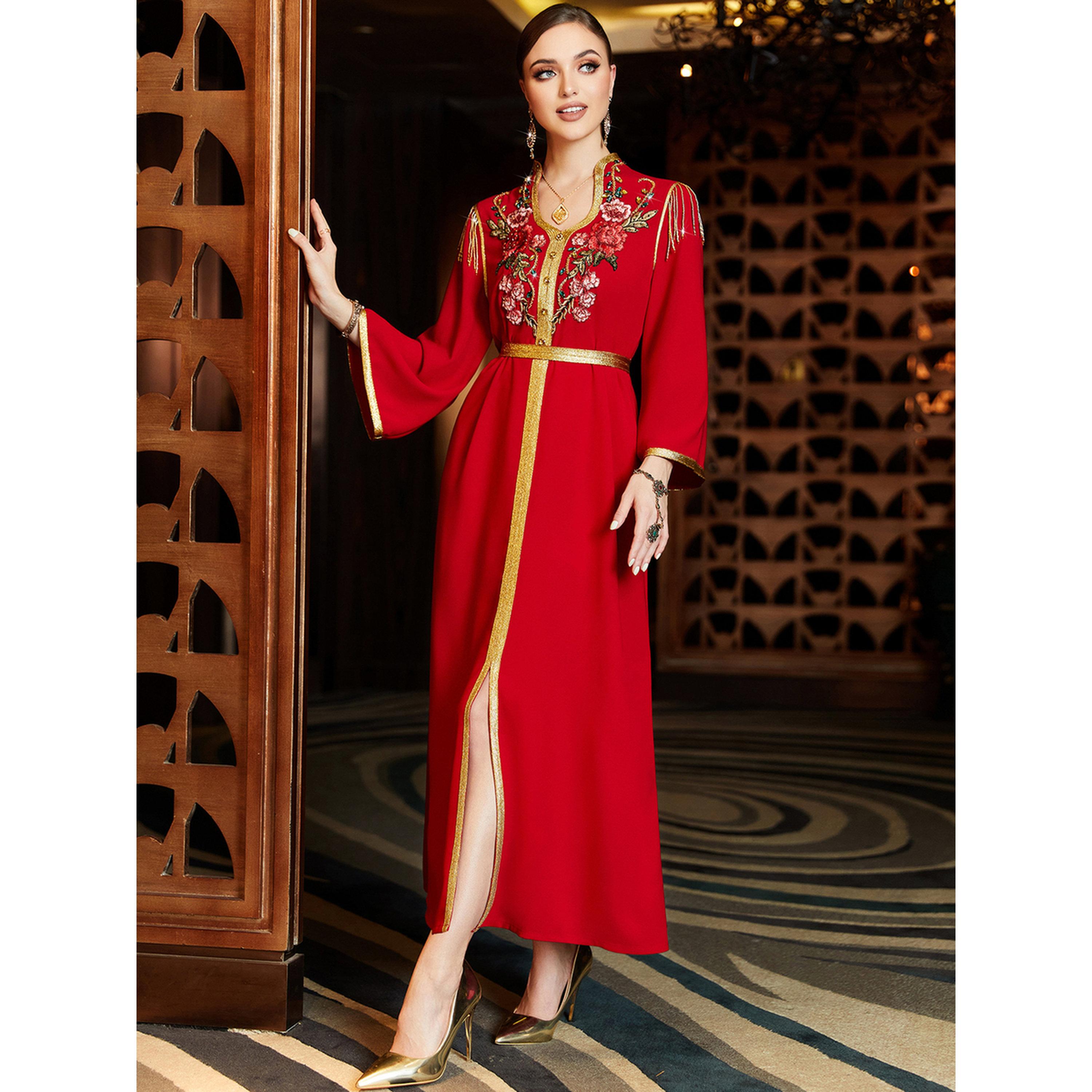Take Two Women Red Embroidered Rhinestone Embellished Jalabiya-women-arabicclothing-jalabiyas-image-4