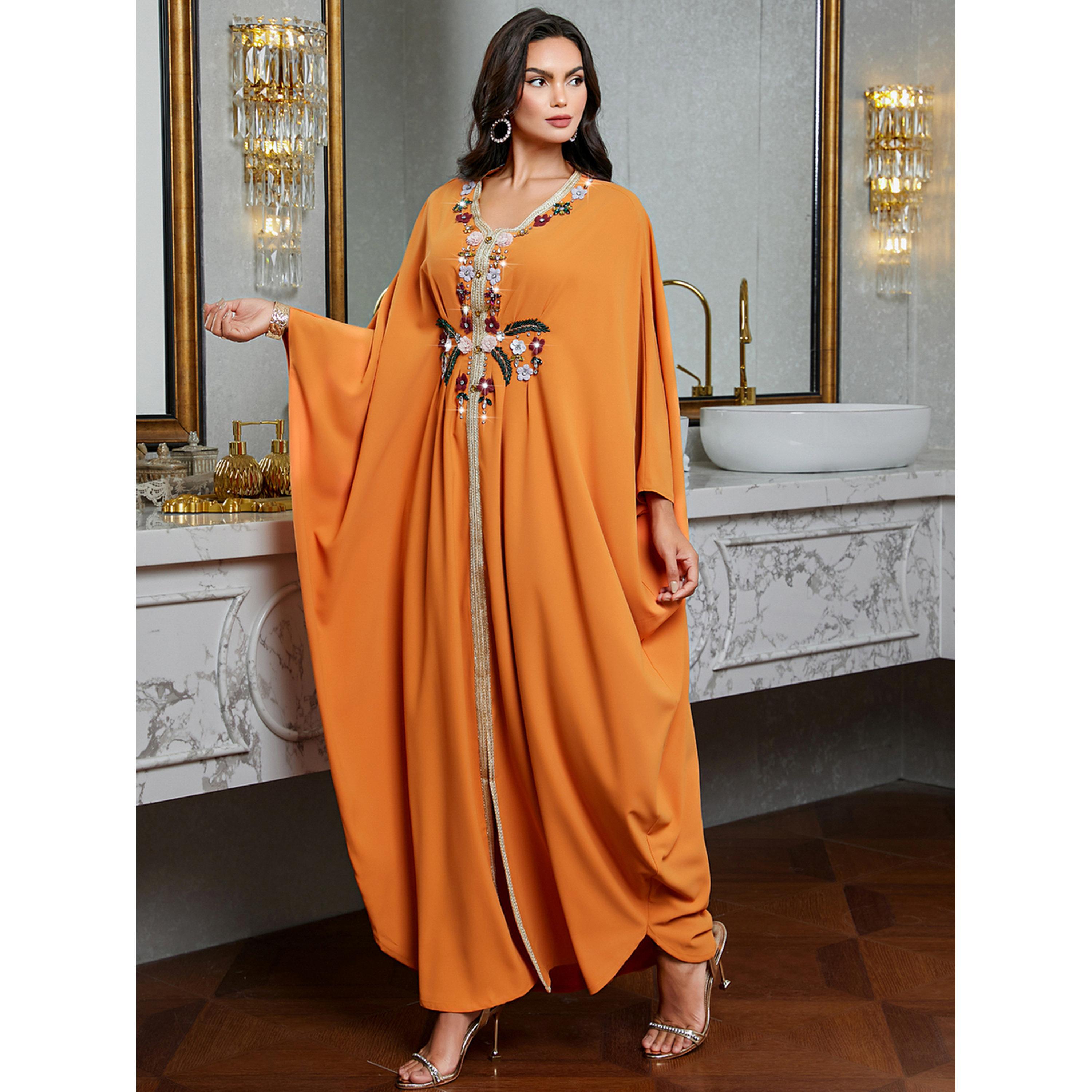 Take Two Women Orange Embroidered Rhinestone Jalabiya-women-arabicclothing-jalabiyas-image-2