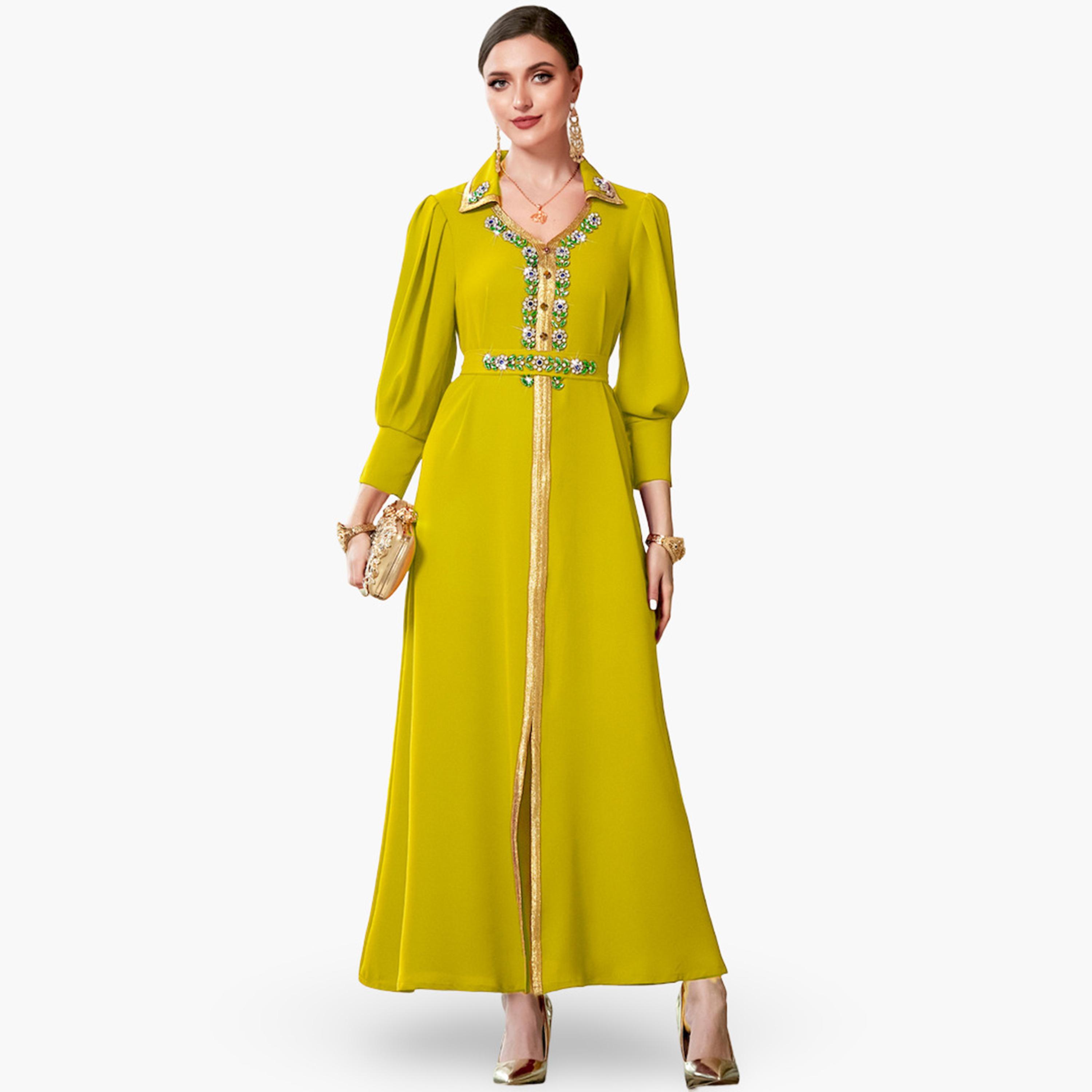 Take Two Women Yellow Embellished Open Collar Golden Trim Jalabiya-women-arabicclothing-jalabiyas-image-1