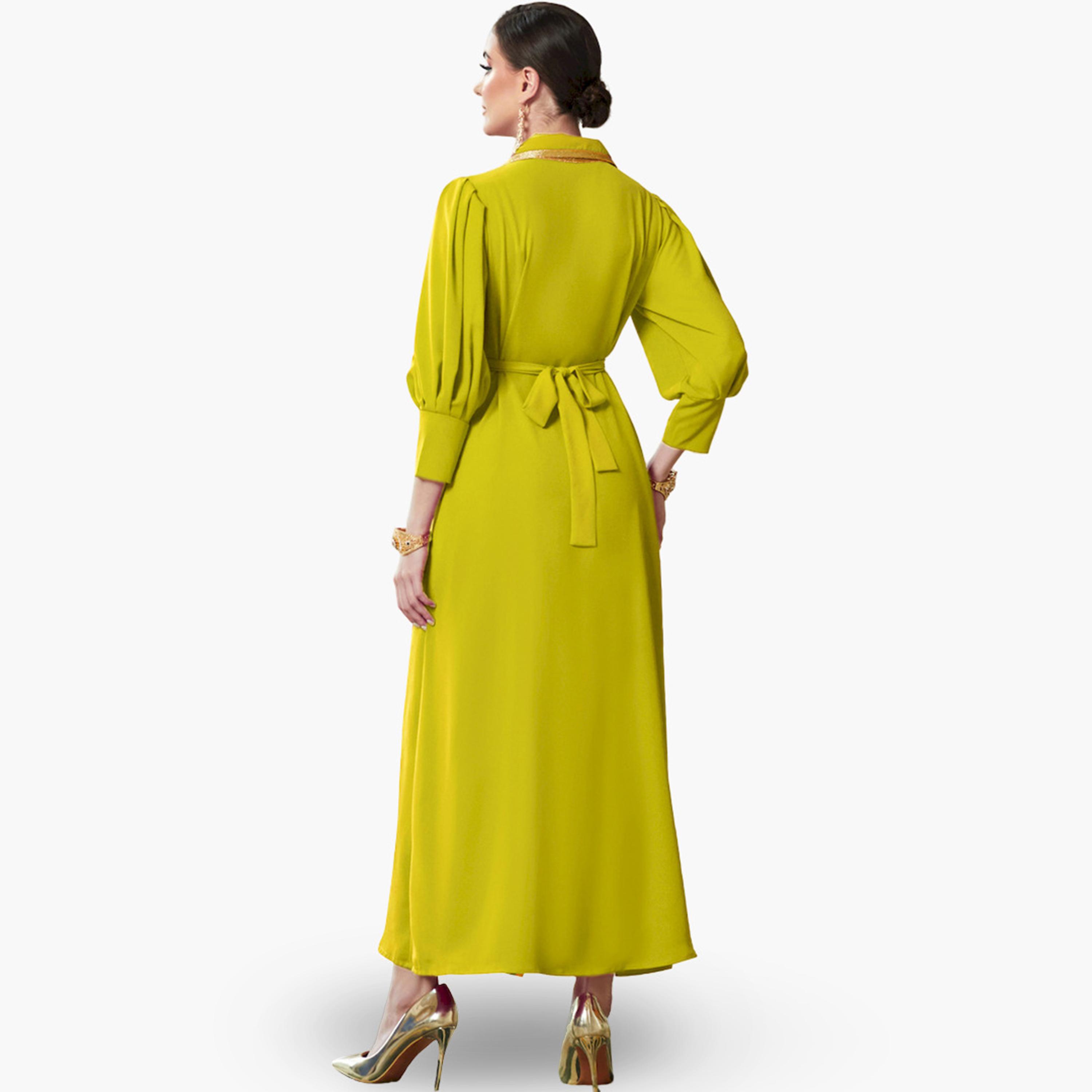 Take Two Women Yellow Embellished Open Collar Golden Trim Jalabiya-women-arabicclothing-jalabiyas-image-2