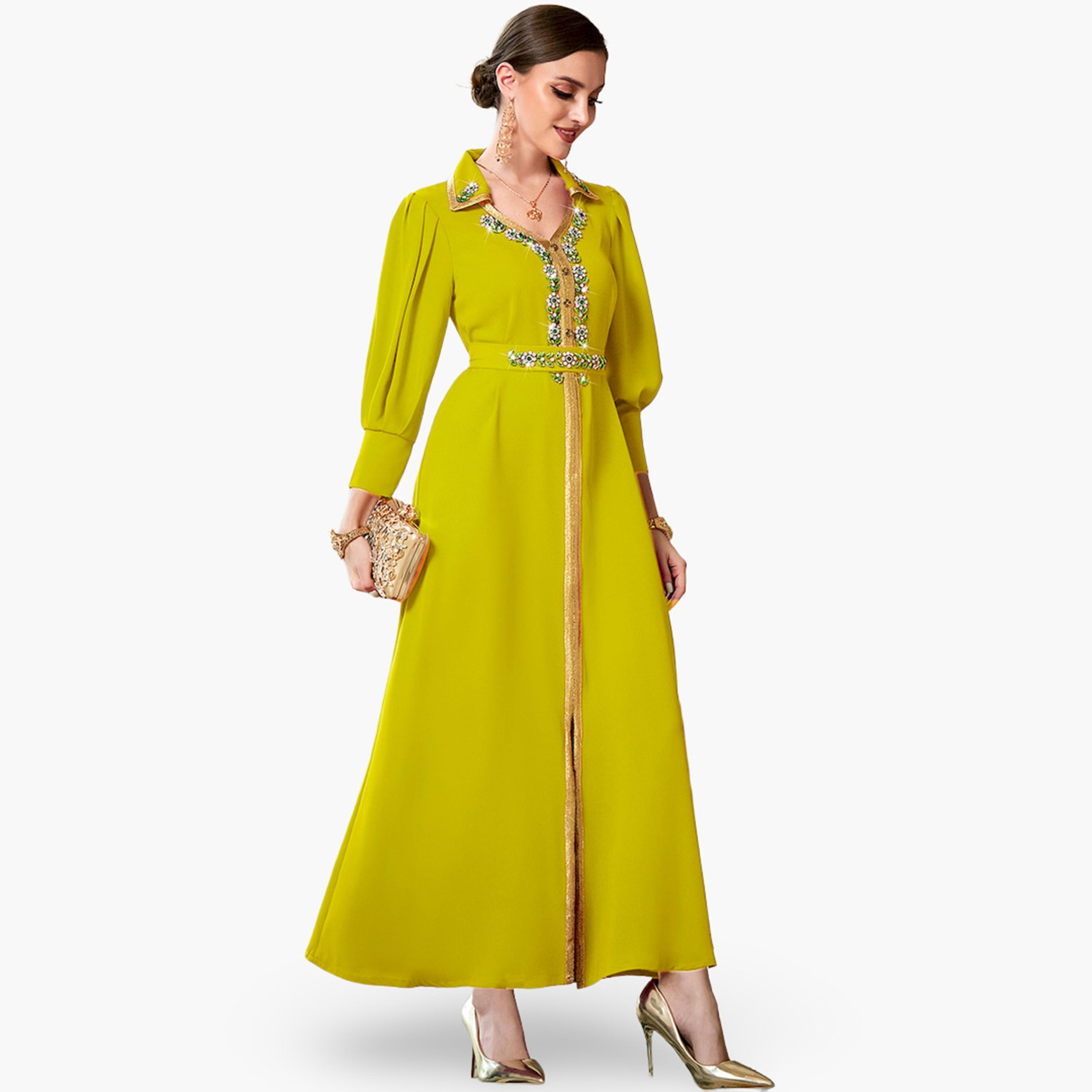 Take Two Women Yellow Embellished Open Collar Golden Trim Jalabiya-women-arabicclothing-jalabiyas-image-5