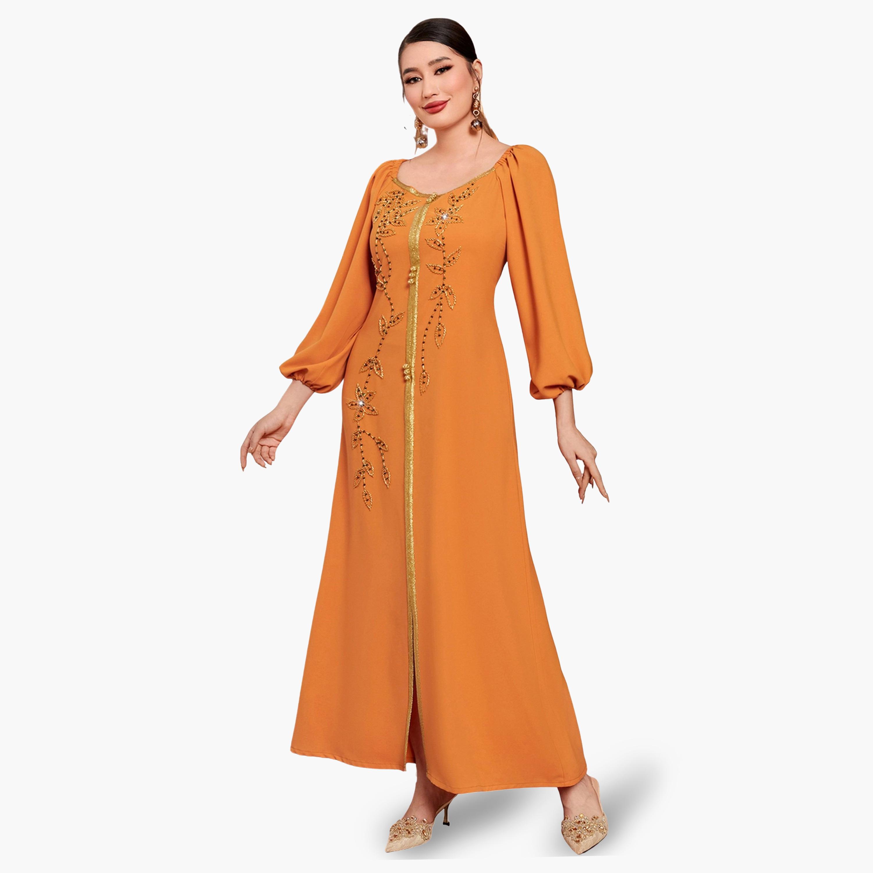 Take Two Women Orange Rhinestone Embellished Golden Trim Jalabiya-women-arabicclothing-jalabiyas-image-1