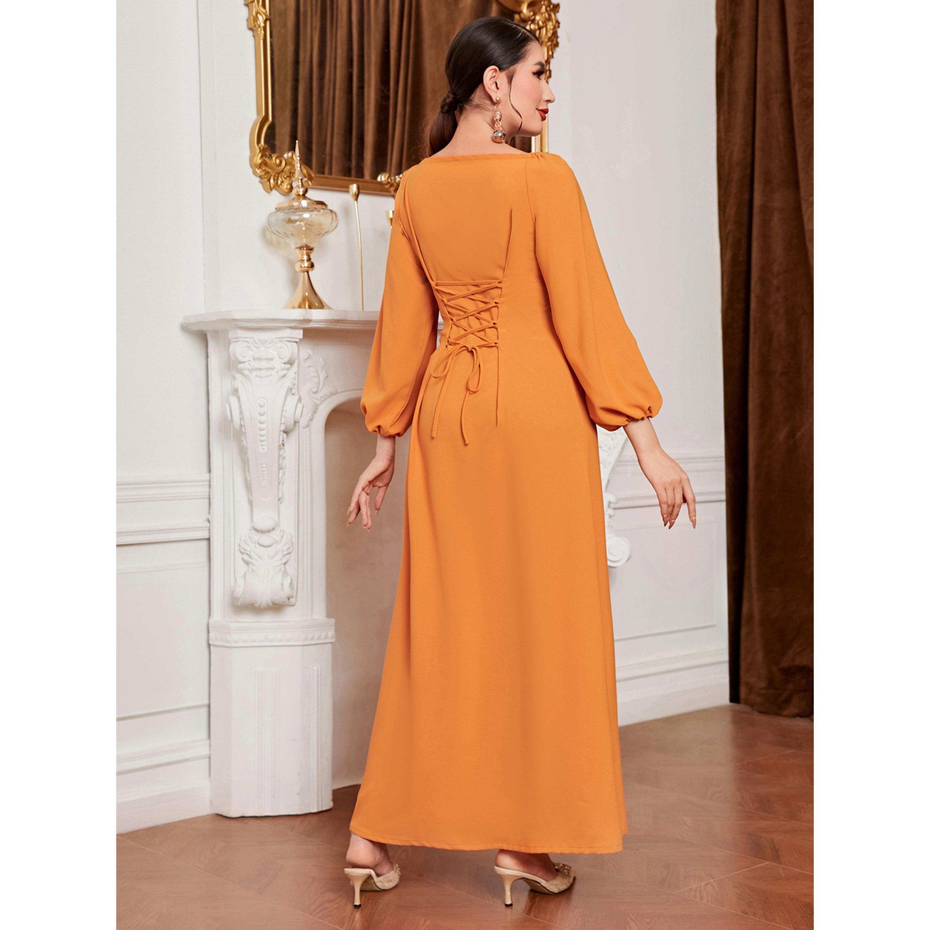 Take Two Women Orange Rhinestone Embellished Golden Trim Jalabiya-women-arabicclothing-jalabiyas-image-2