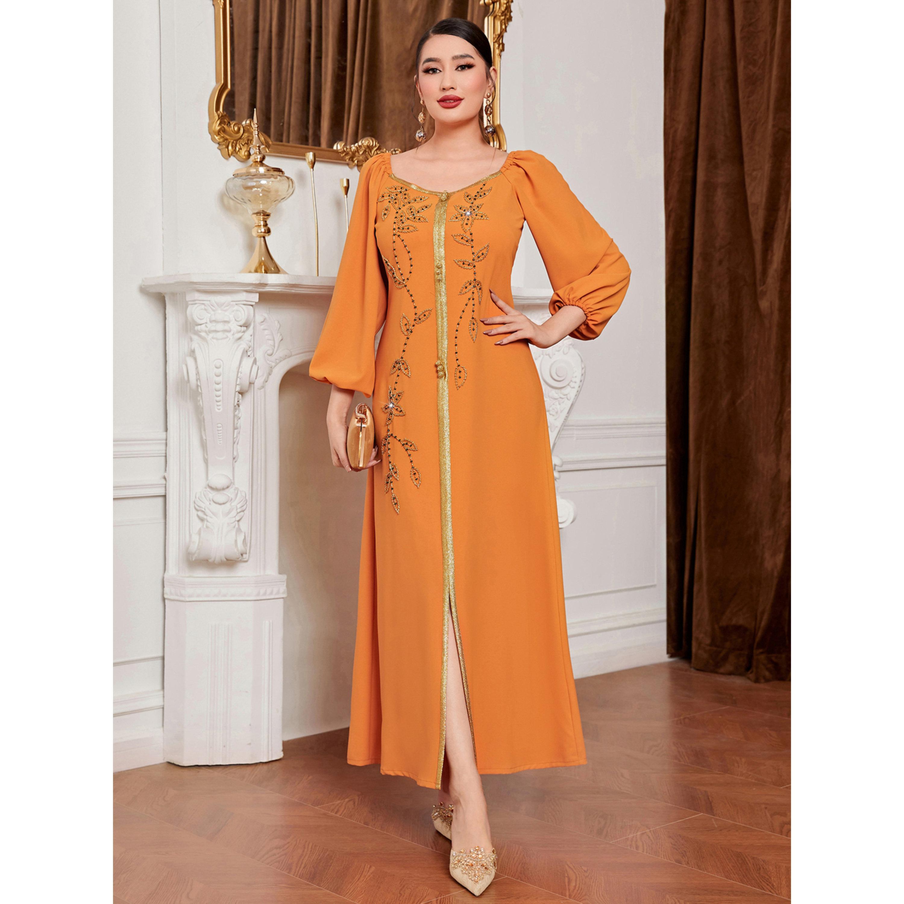 Take Two Women Orange Rhinestone Embellished Golden Trim Jalabiya-women-arabicclothing-jalabiyas-image-4