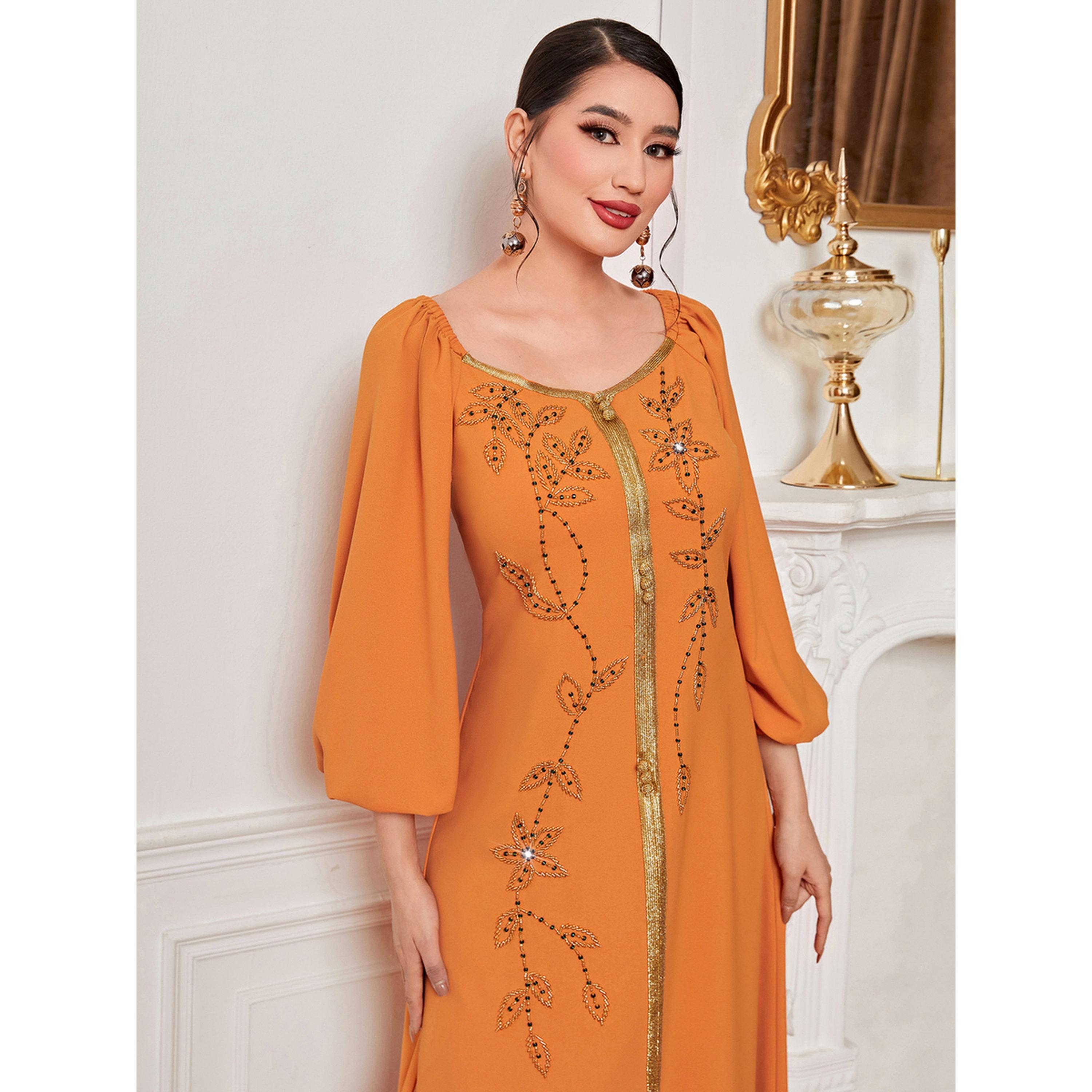 Take Two Women Orange Rhinestone Embellished Golden Trim Jalabiya-women-arabicclothing-jalabiyas-image-5