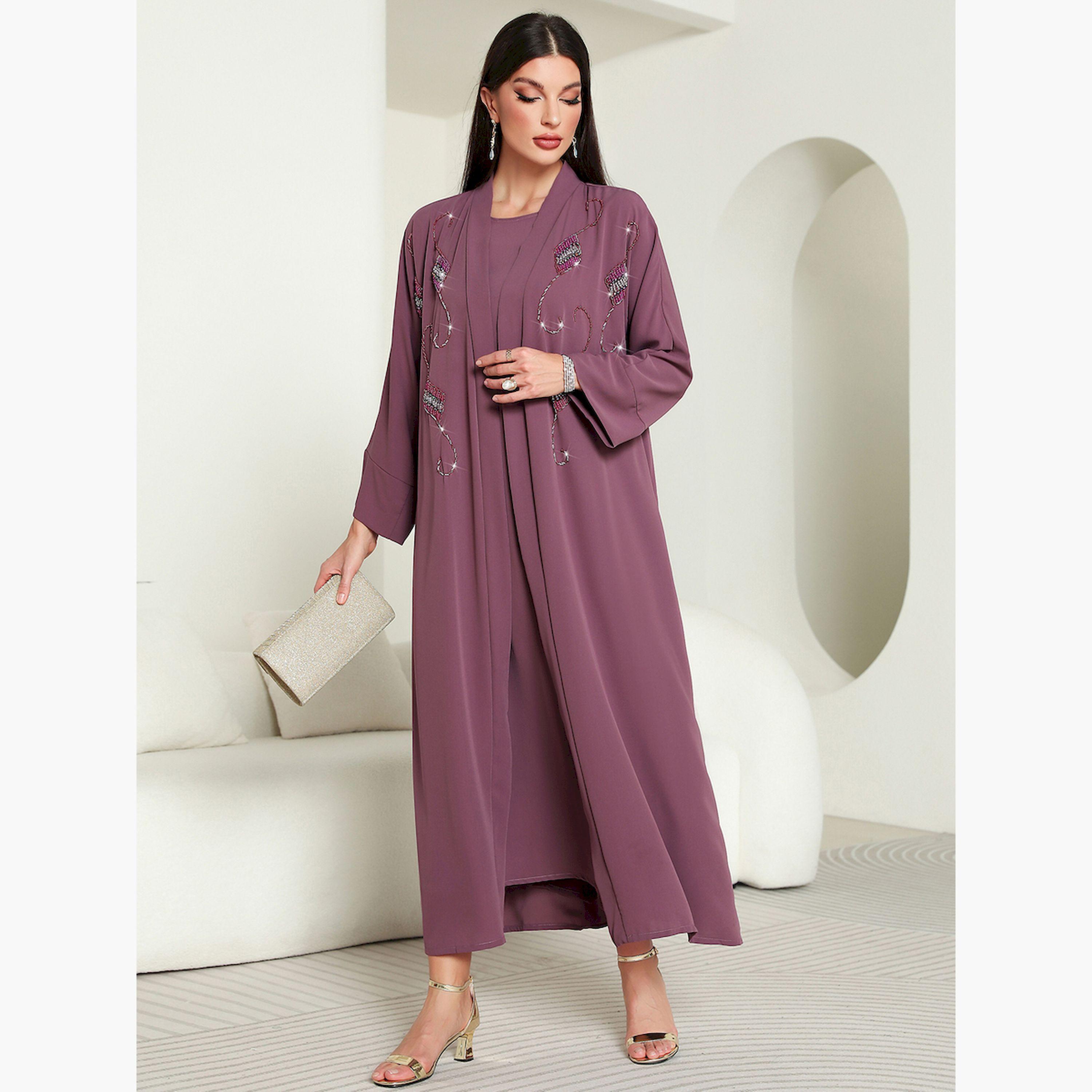 Take Two Women Purple Rhinestone Embellished Abaya with Inner Dress Set-women-arabicclothing-sets-image-1