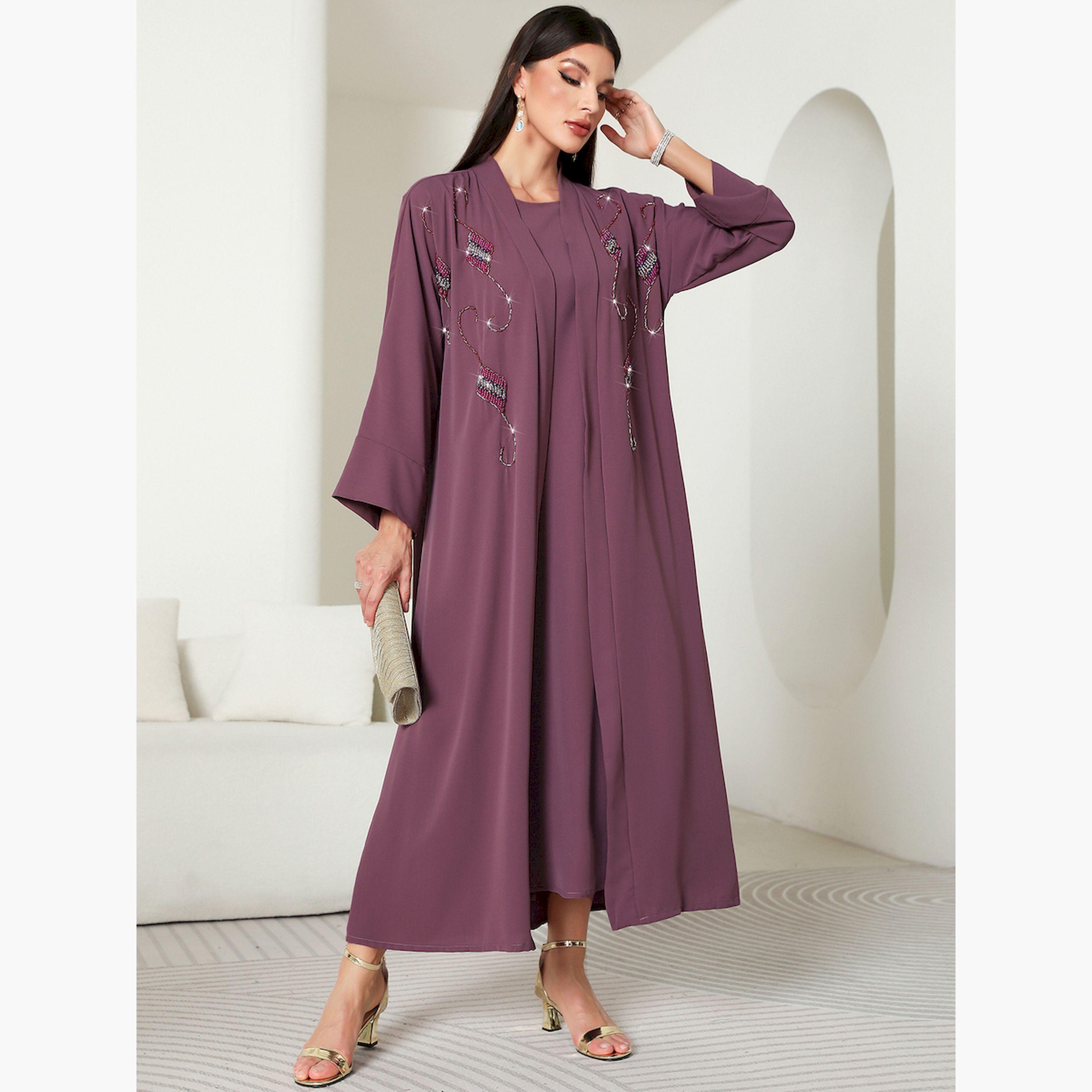 Take Two Women Purple Rhinestone Embellished Abaya with Inner Dress Set-women-arabicclothing-sets-image-2