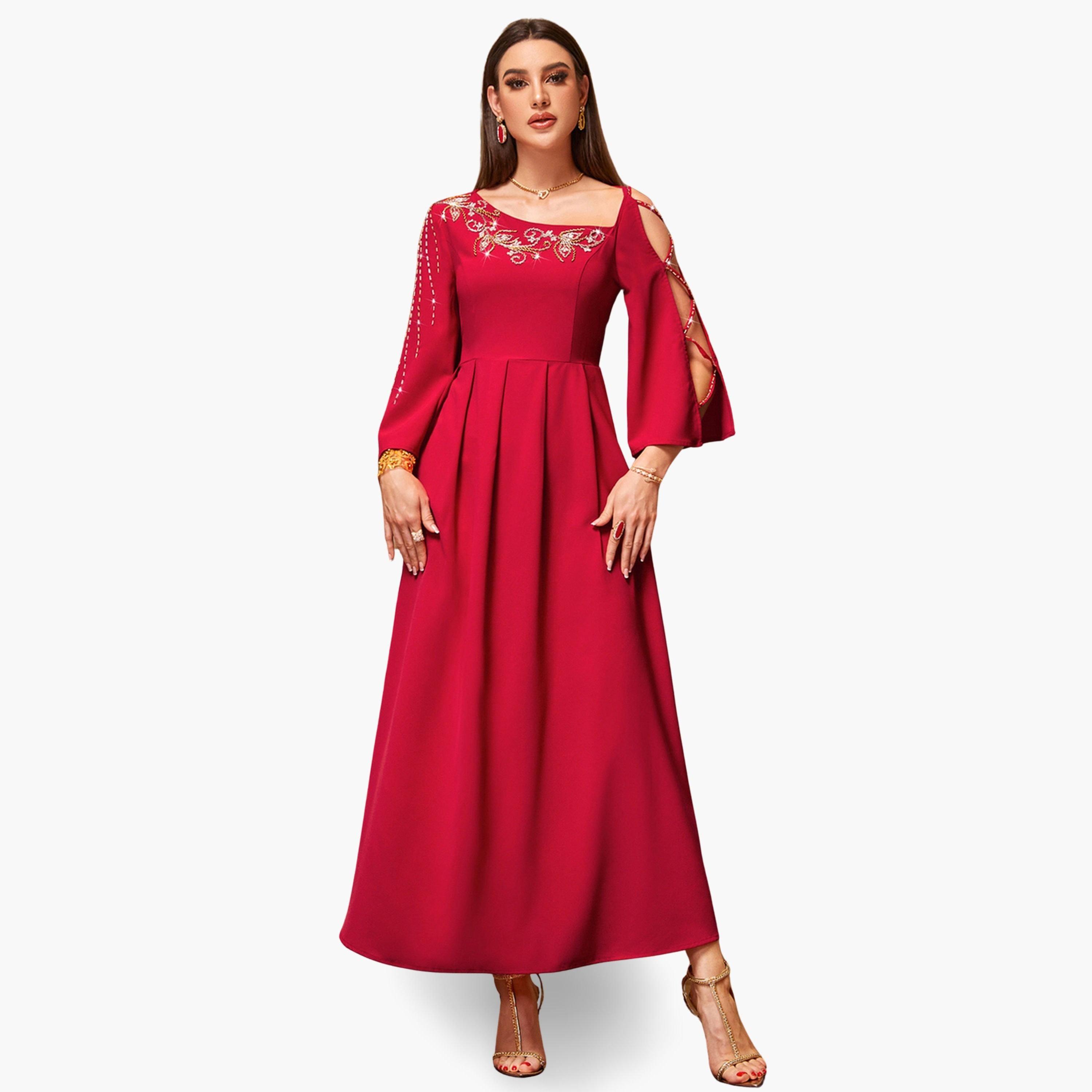 فستان طويل نسائي مزين بالفصوص وأكمام مفرغة-women-clothing-dresses-image-1