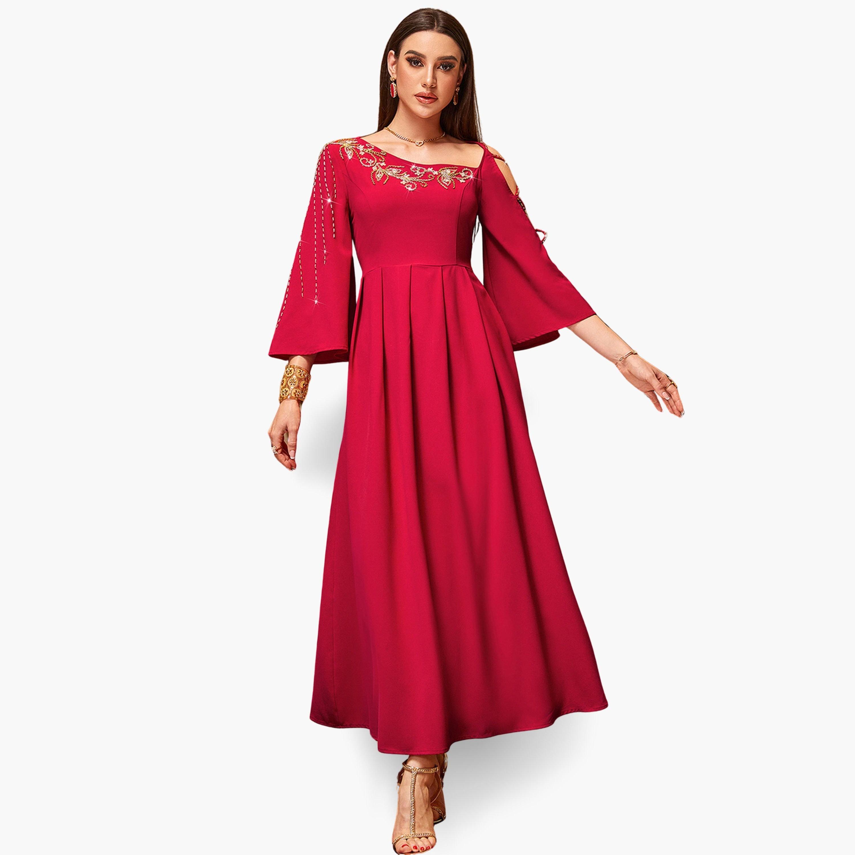 فستان طويل نسائي مزين بالفصوص وأكمام مفرغة-women-clothing-dresses-image-2