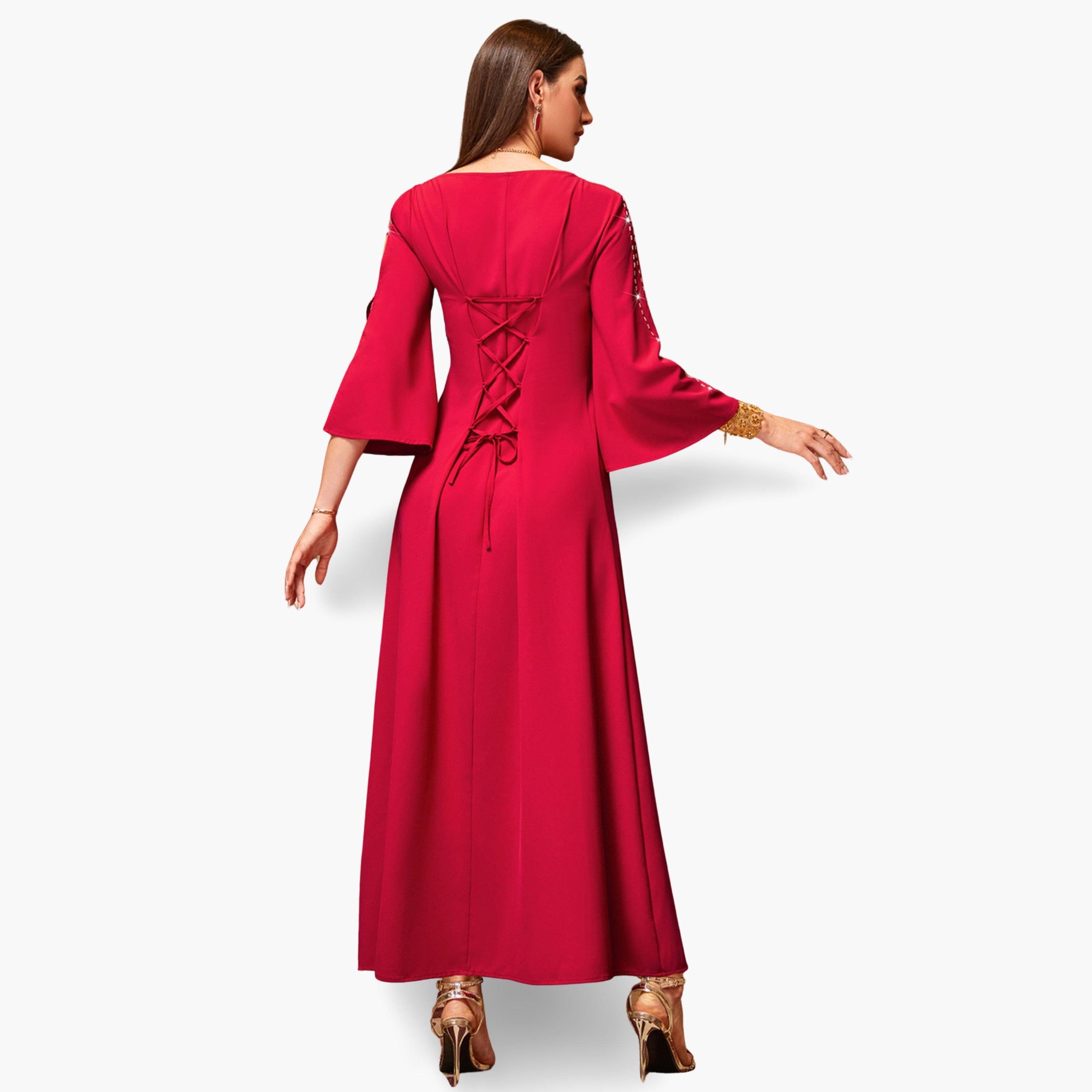 فستان طويل نسائي مزين بالفصوص وأكمام مفرغة-women-clothing-dresses-image-3