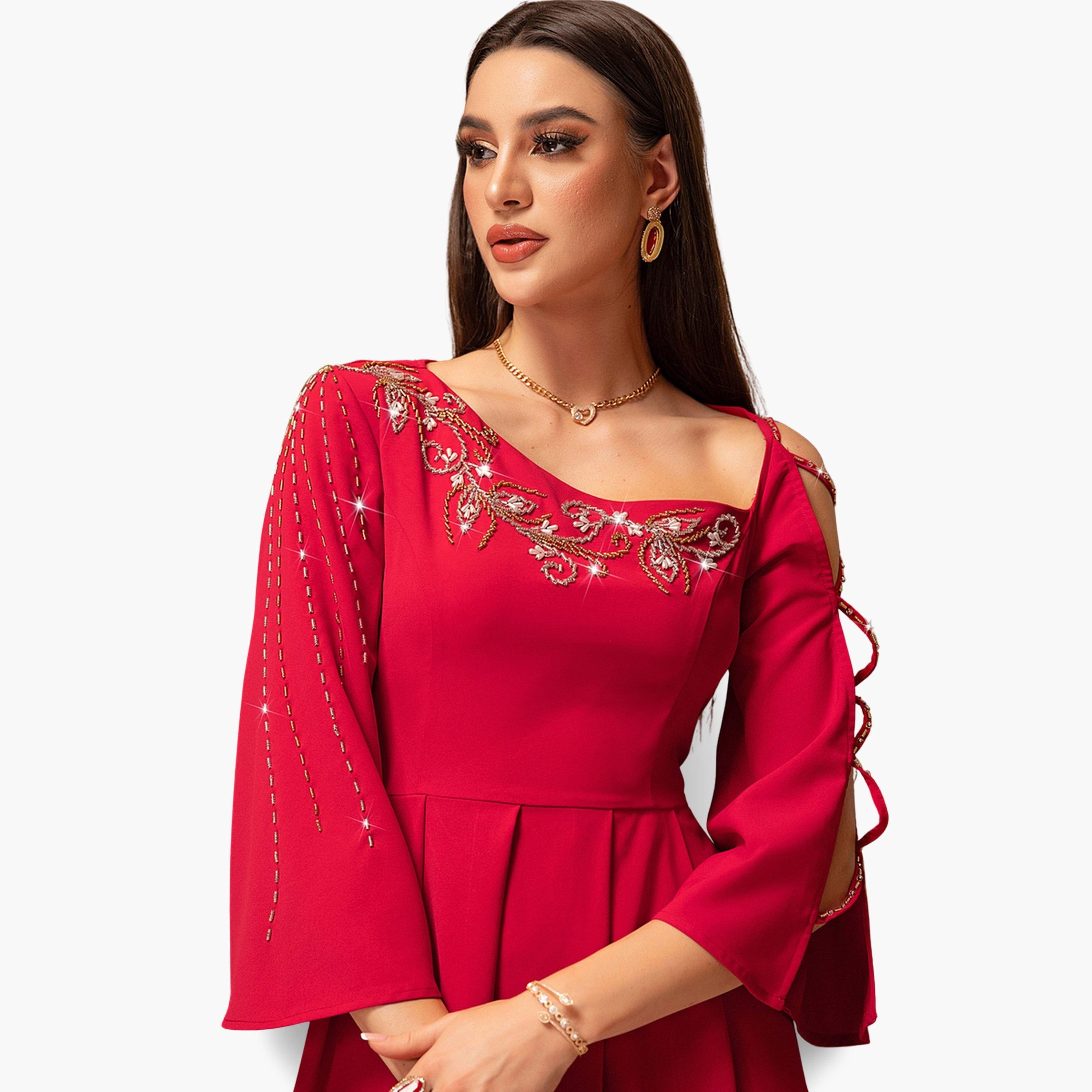 فستان طويل نسائي مزين بالفصوص وأكمام مفرغة-women-clothing-dresses-image-4