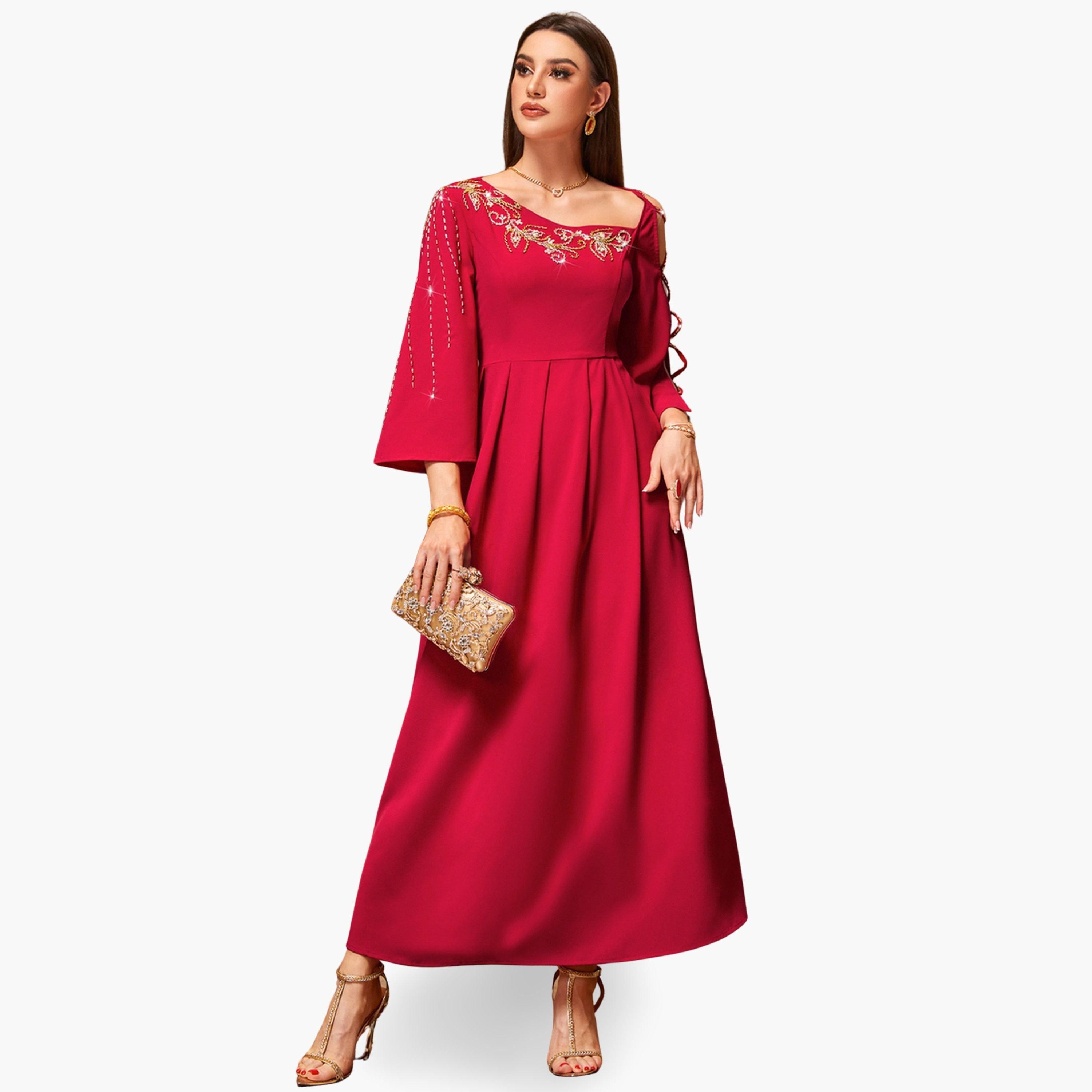 فستان طويل نسائي مزين بالفصوص وأكمام مفرغة-women-clothing-dresses-image-5