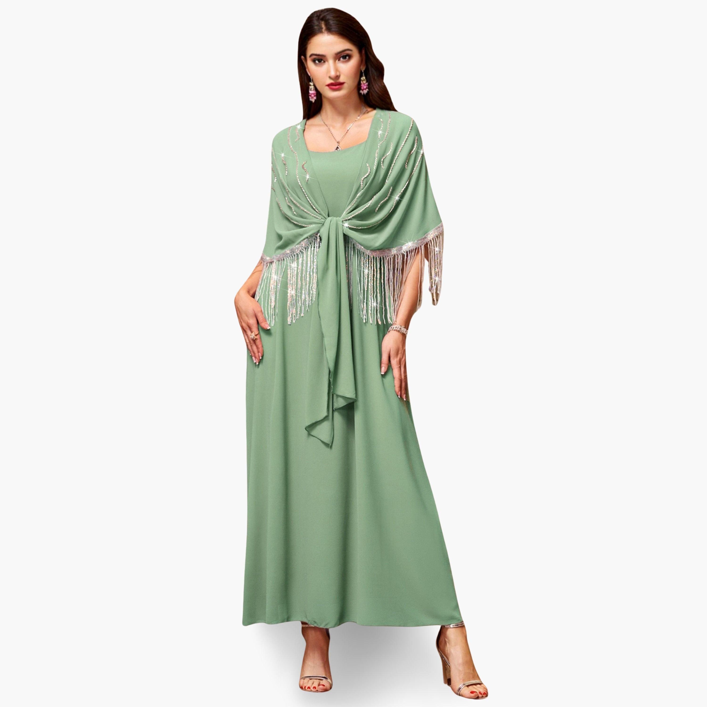 Take Two Women Green Rhinestone Embellished Tasselled Jalabiya-women-arabicclothing-jalabiyas-image-1