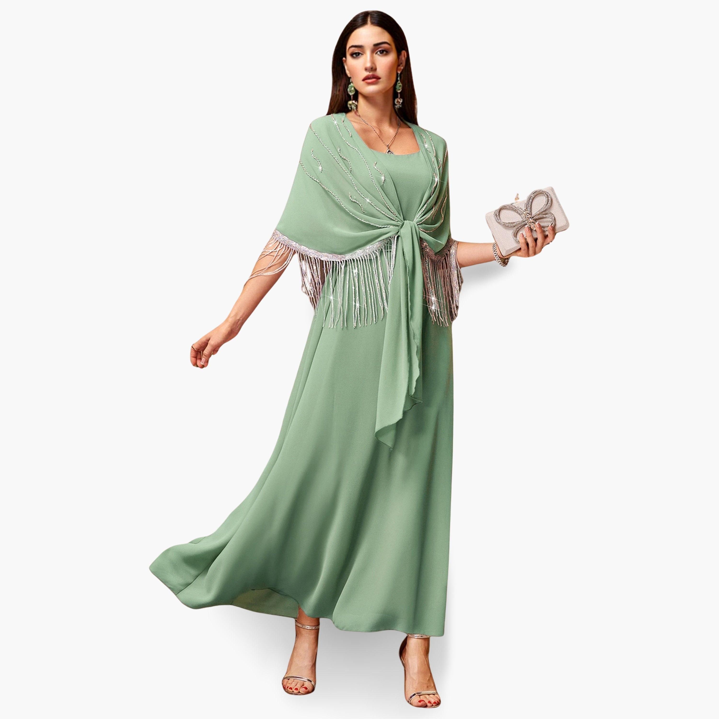 Take Two Women Green Rhinestone Embellished Tasselled Jalabiya-women-arabicclothing-jalabiyas-image-2