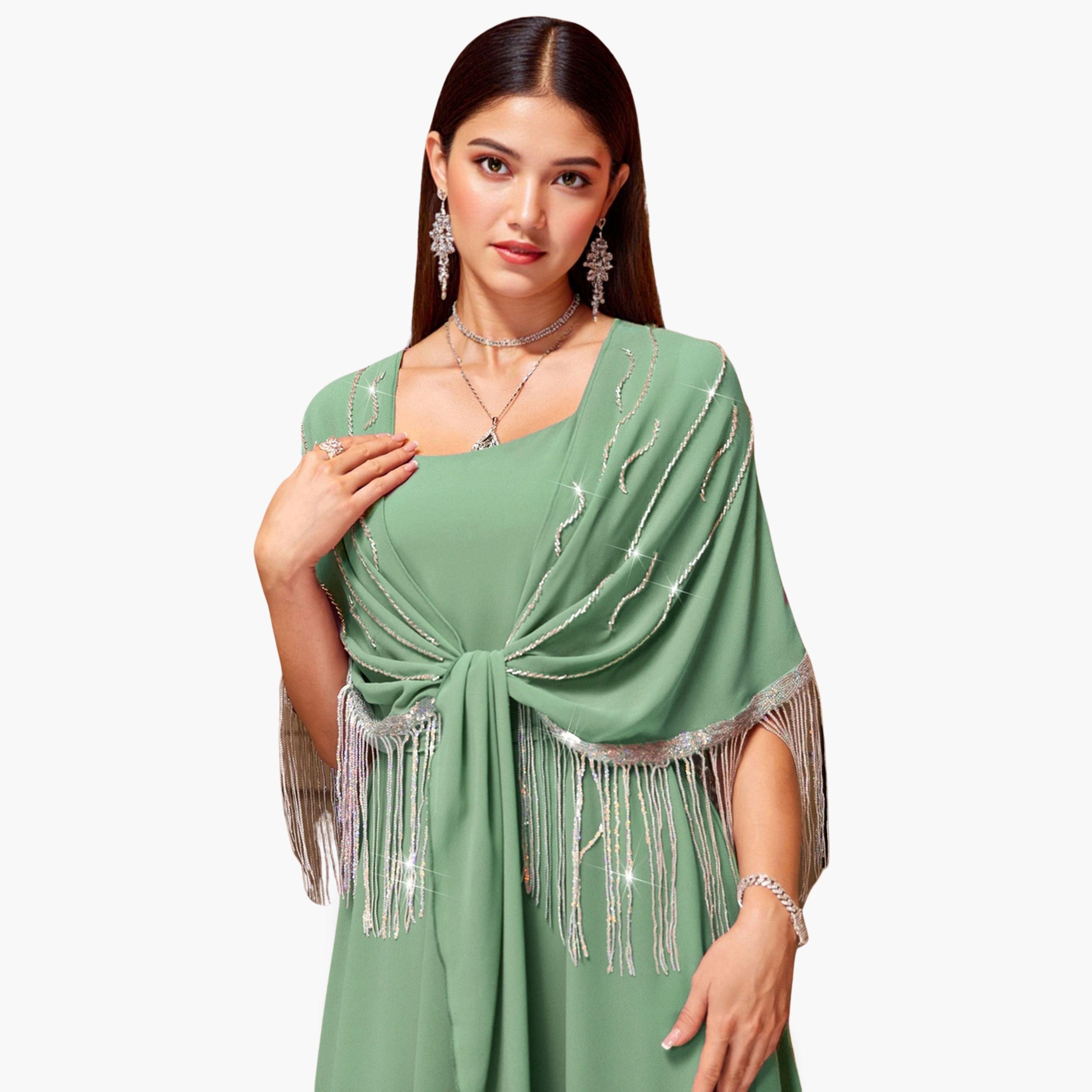 Take Two Women Green Rhinestone Embellished Tasselled Jalabiya-women-arabicclothing-jalabiyas-image-4