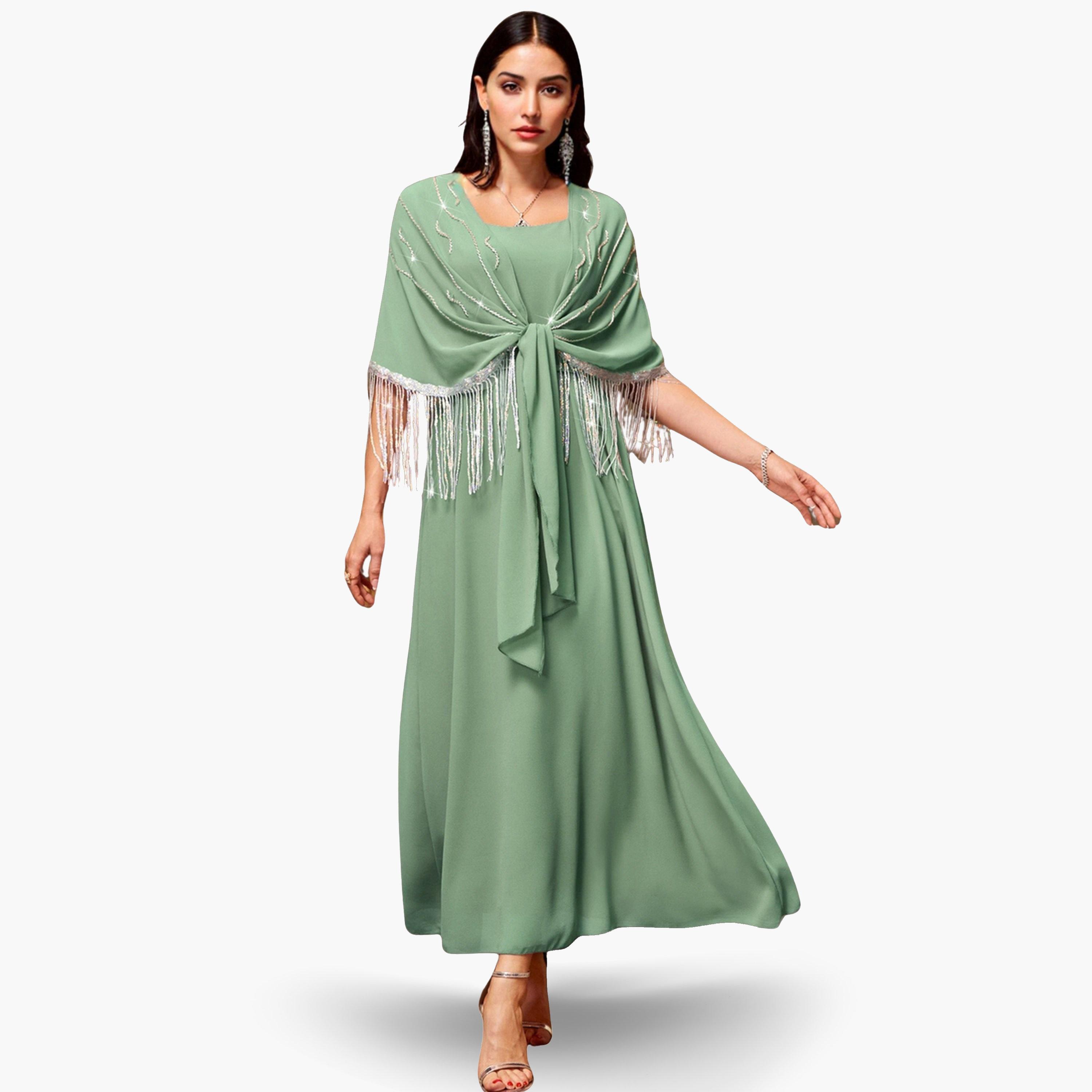 Take Two Women Green Rhinestone Embellished Tasselled Jalabiya-women-arabicclothing-jalabiyas-image-5