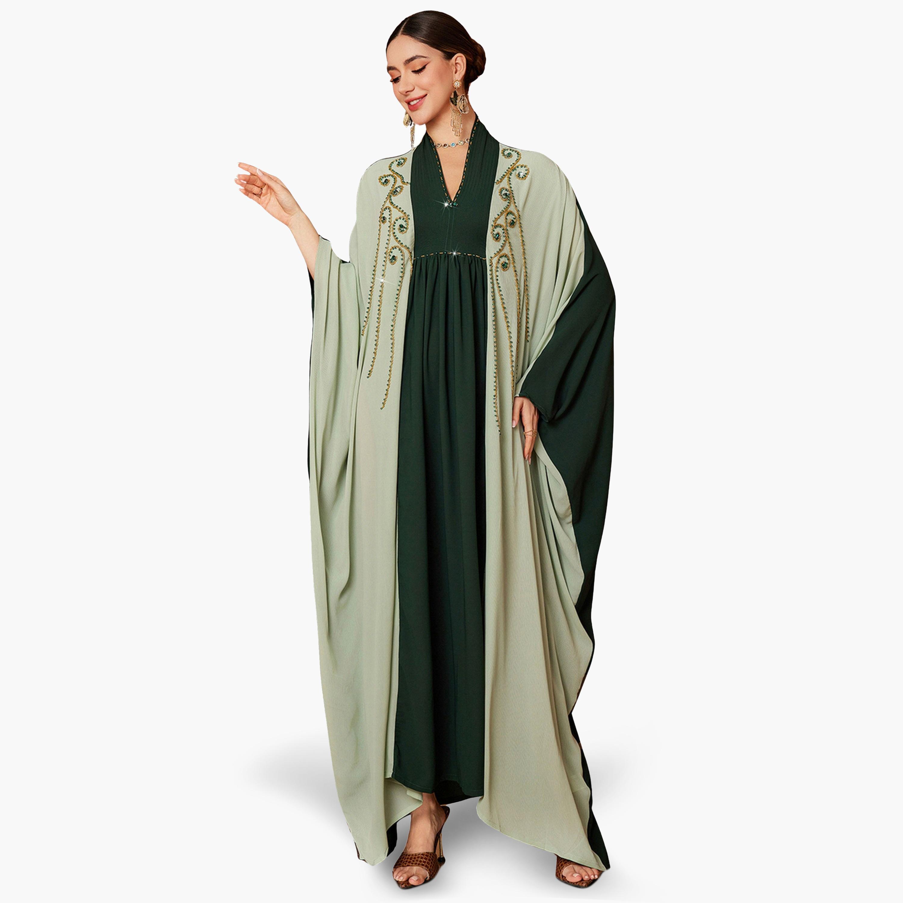 جلابية بنمط كتل الالوان وأكمام كيمونو مزينة بالفصوص-women-arabicclothing-jalabiyas-image-1