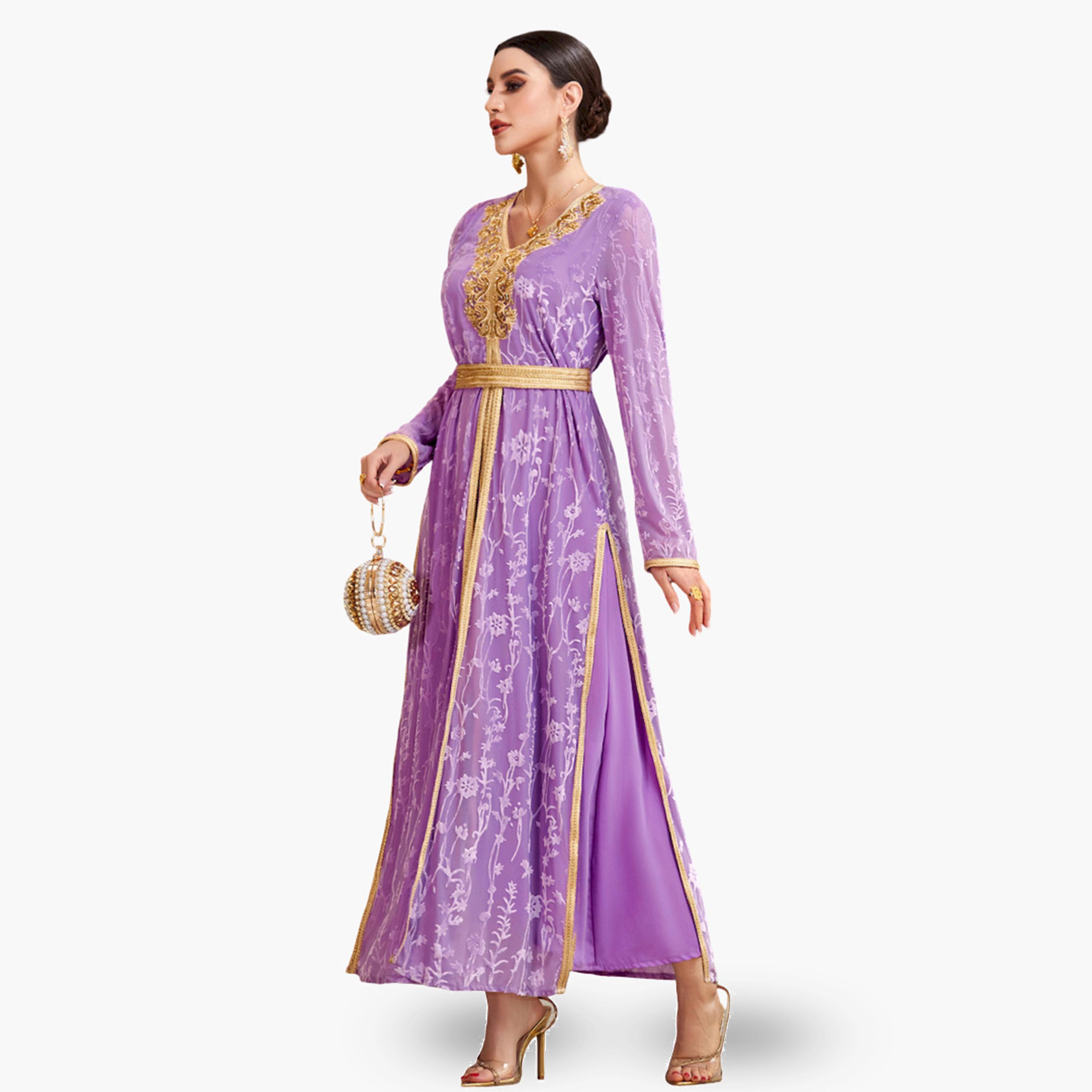 Take Two Women Lilac Flower and Golden Patch Detail Jalabiya-women-arabicclothing-jalabiyas-image-2