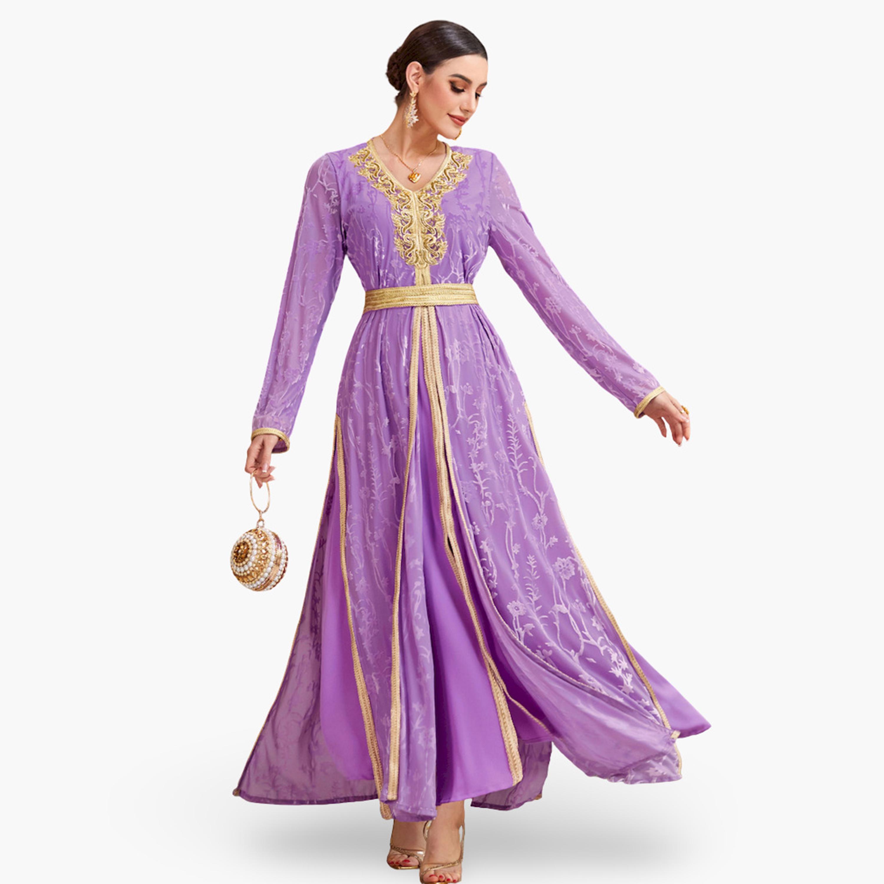 Take Two Women Lilac Flower and Golden Patch Detail Jalabiya-women-arabicclothing-jalabiyas-image-3