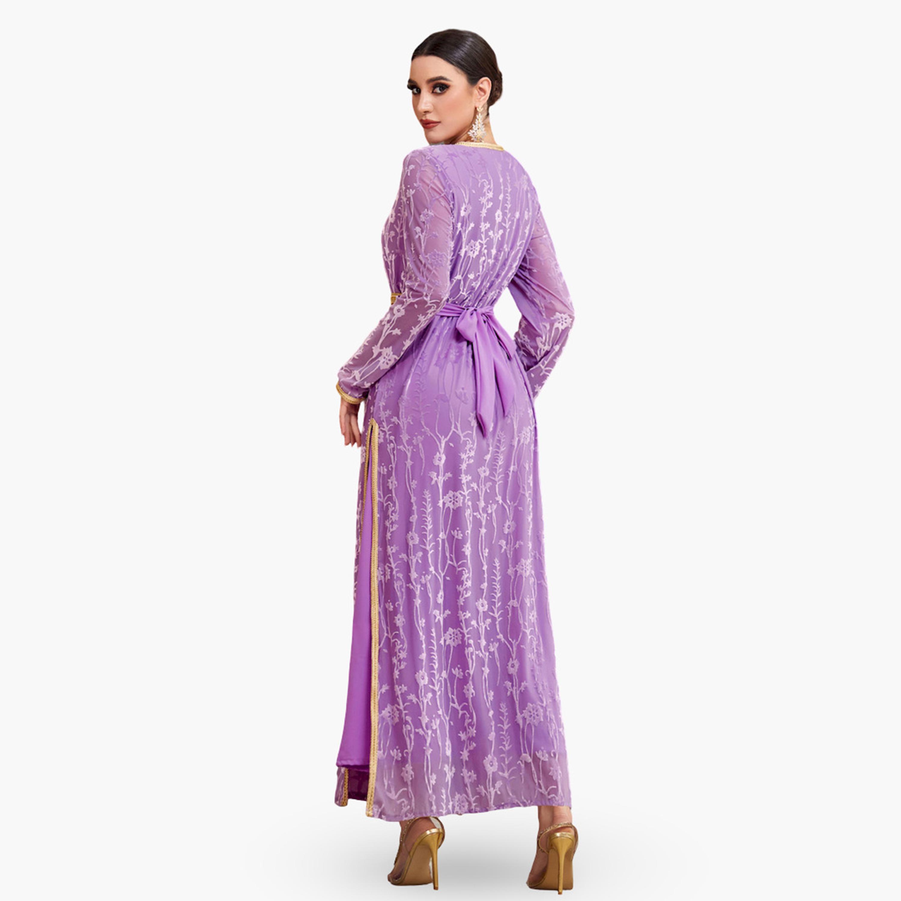 Take Two Women Lilac Flower and Golden Patch Detail Jalabiya-women-arabicclothing-jalabiyas-image-4