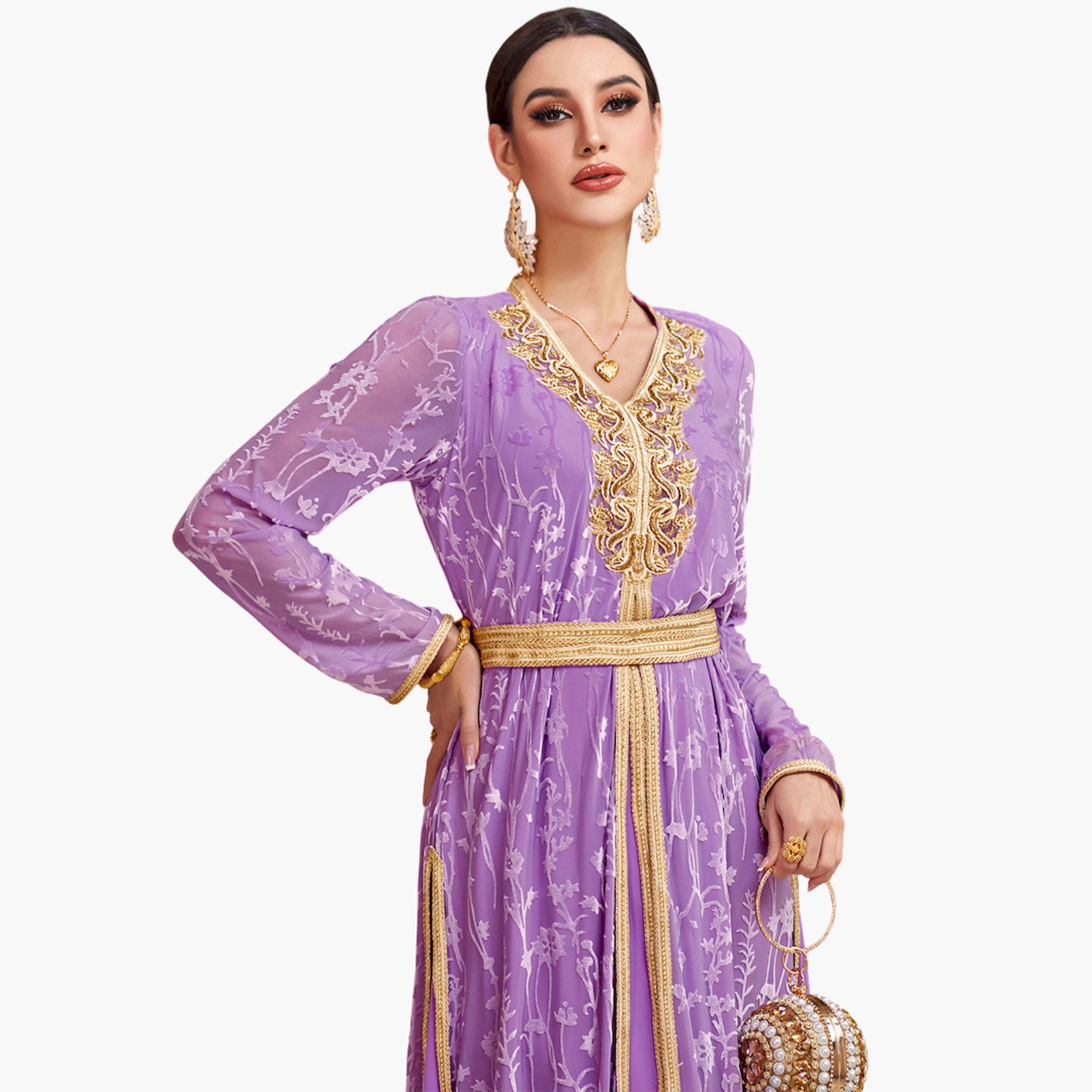 Take Two Women Lilac Flower and Golden Patch Detail Jalabiya-women-arabicclothing-jalabiyas-image-5