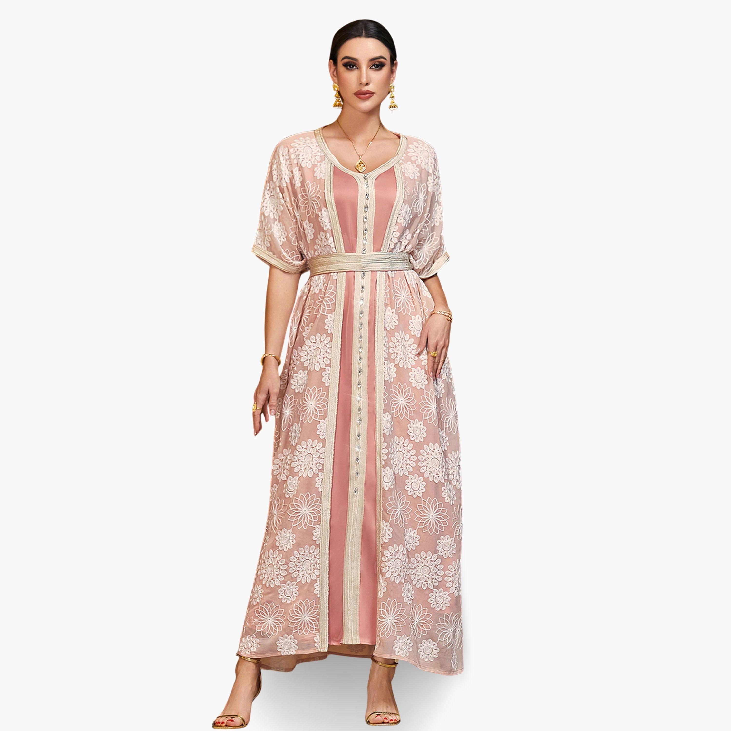 Take Two Women Rhinestone Embellished Flower Patch Belted Jalabiya-women-arabicclothing-jalabiyas-image-1