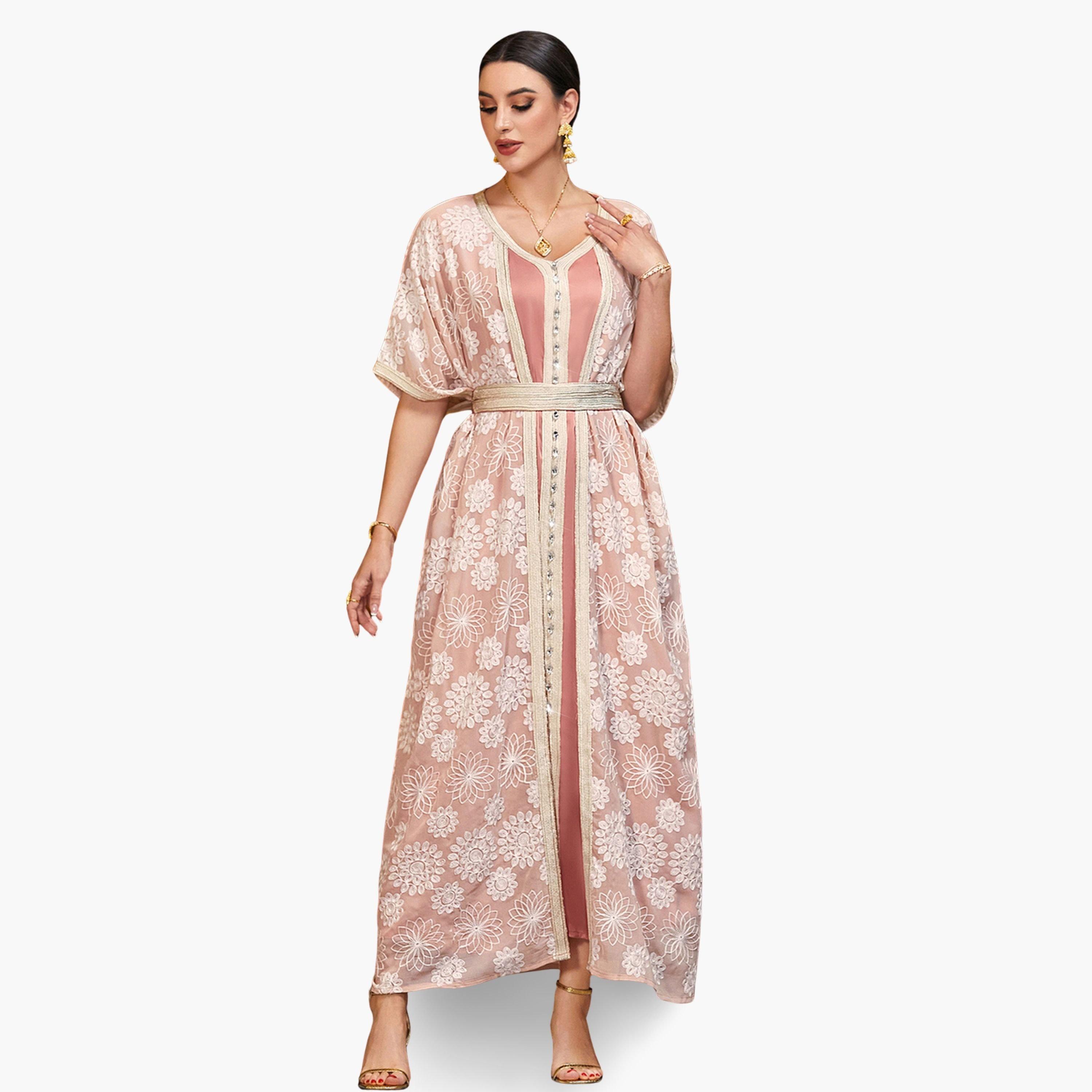 جلابية مزينة بالفصوص ورقع زهور مع حزام-women-arabicclothing-jalabiyas-image-2