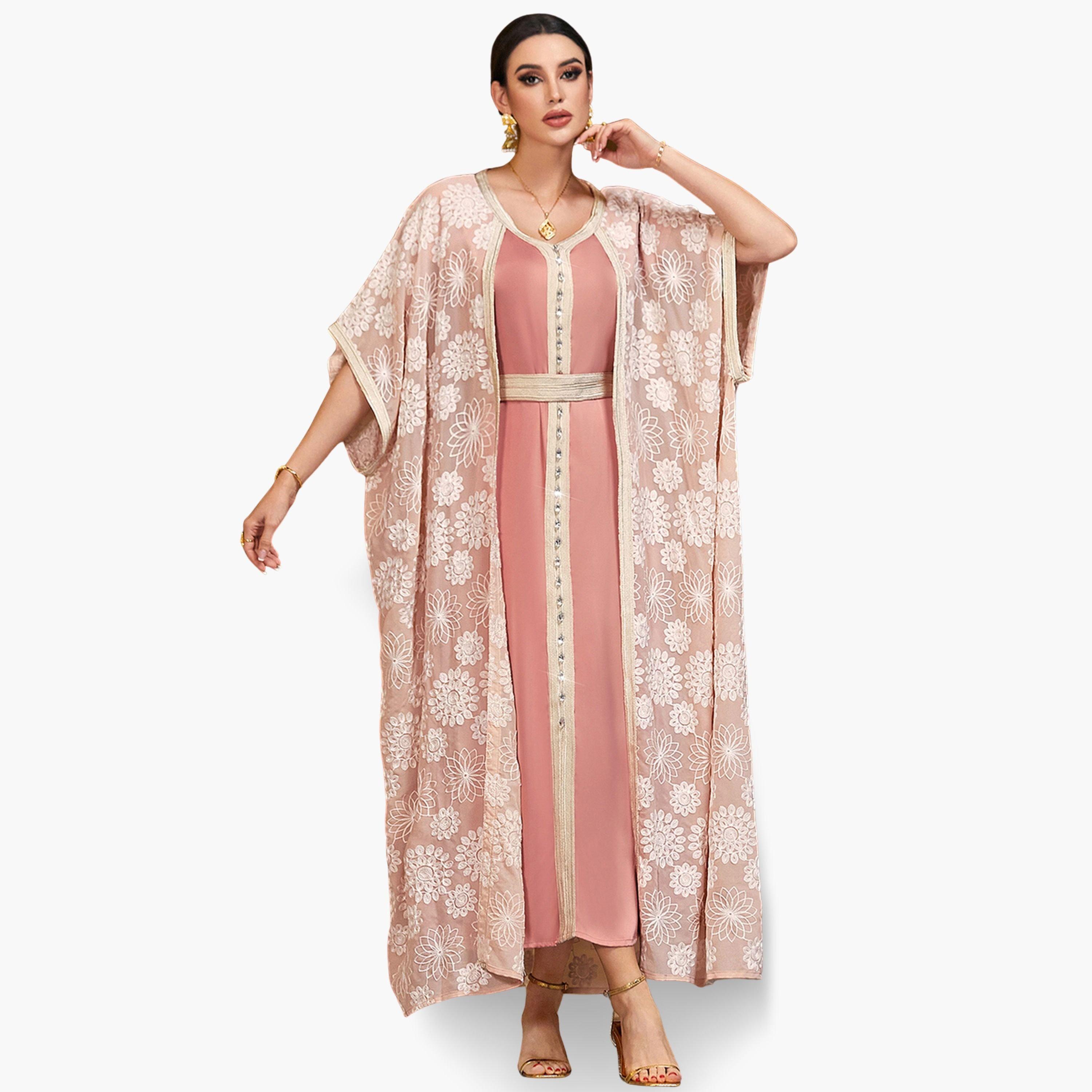 جلابية مزينة بالفصوص ورقع زهور مع حزام-women-arabicclothing-jalabiyas-image-3