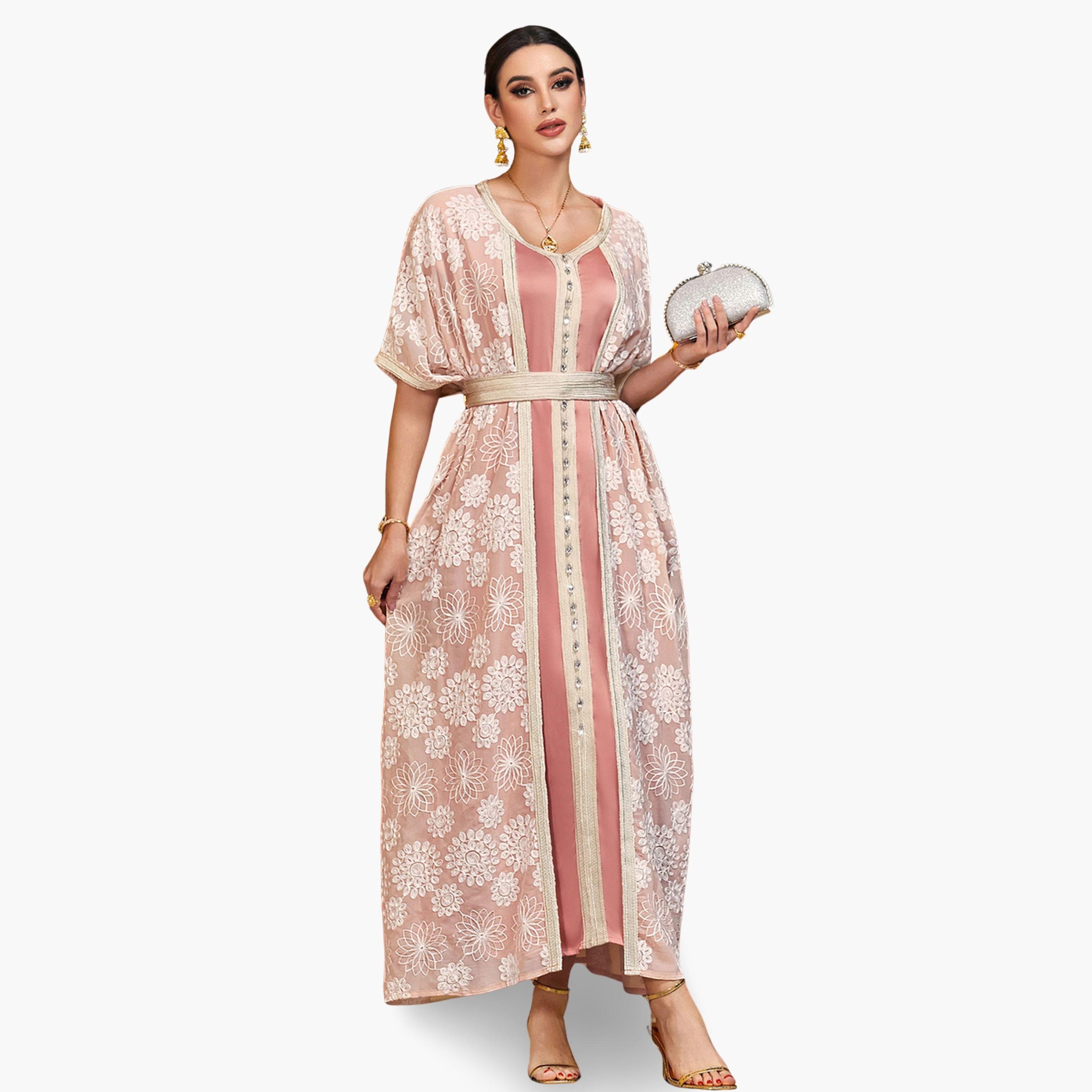 جلابية مزينة بالفصوص ورقع زهور مع حزام-women-arabicclothing-jalabiyas-image-5