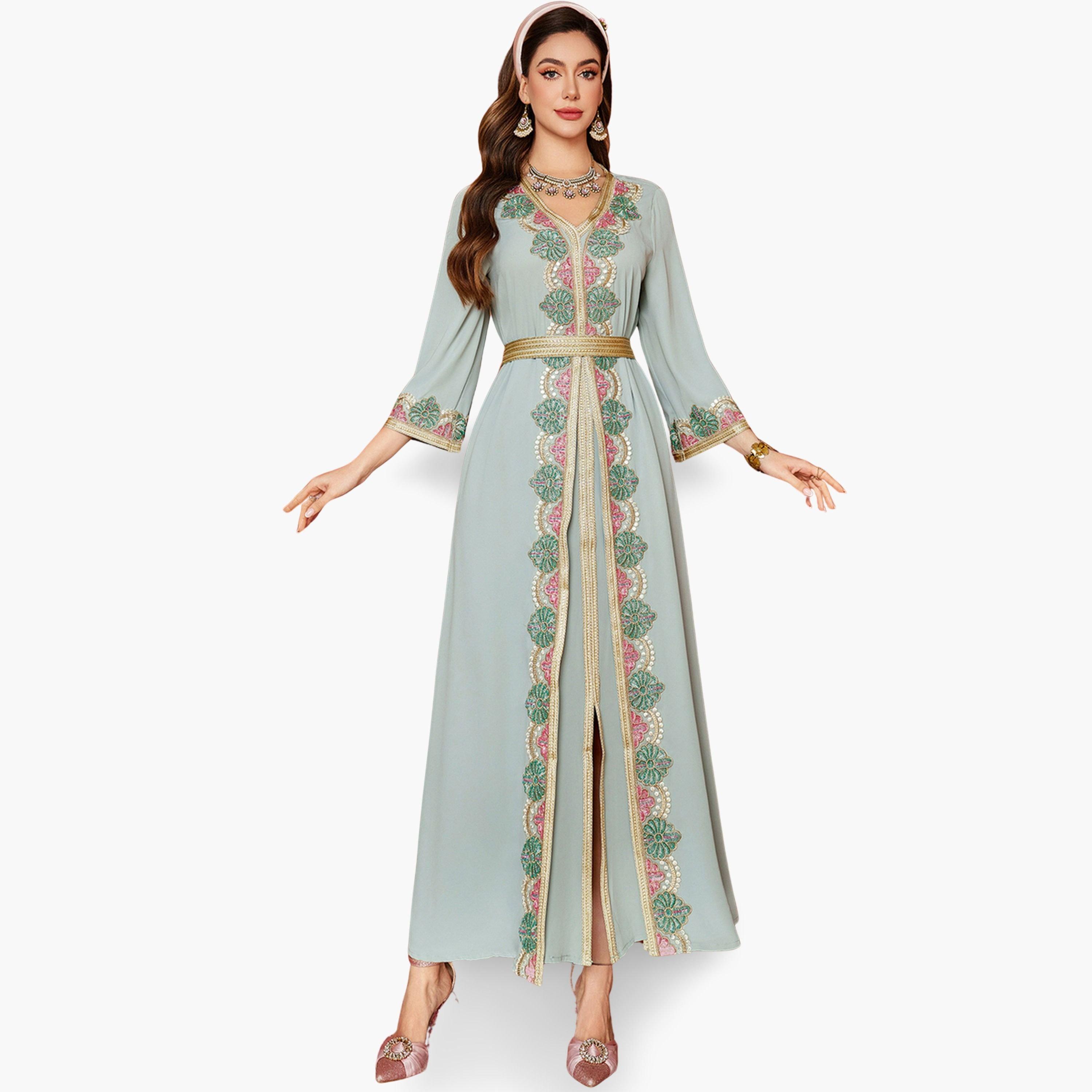 Take Two Women Light Blue Embellished Golden Trim Jalabiya-women-arabicclothing-jalabiyas-image-1