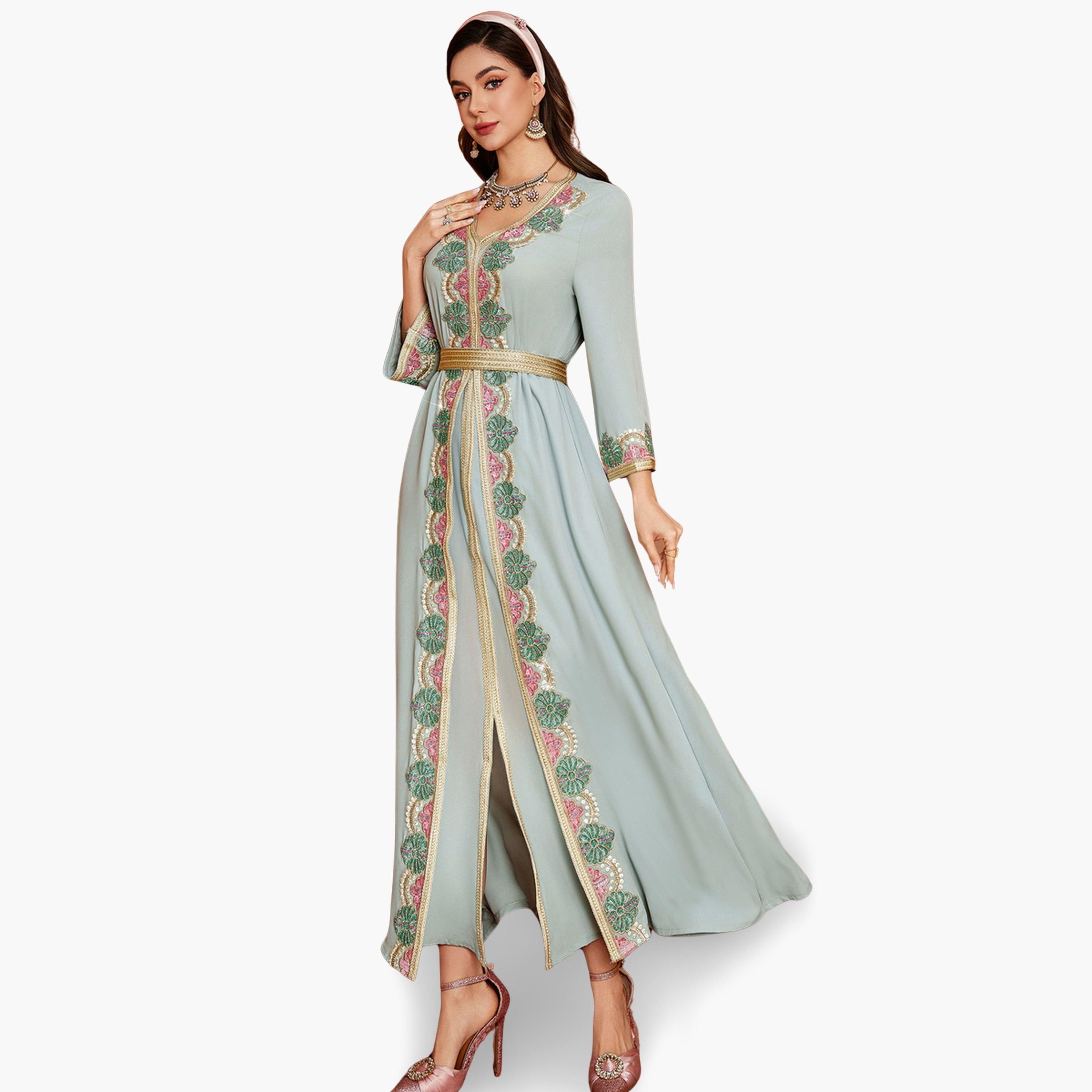 Take Two Women Light Blue Embellished Golden Trim Jalabiya-women-arabicclothing-jalabiyas-image-2