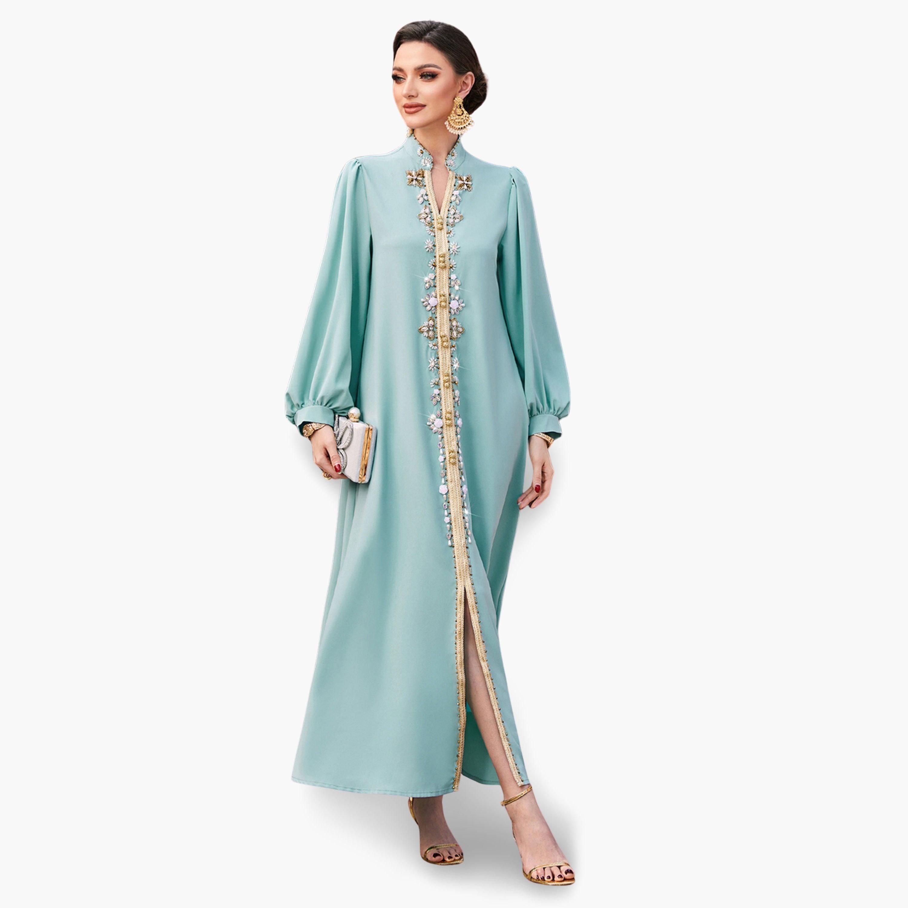 جلابية مزينة بالفصوص وحواف ذهبية-women-arabicclothing-jalabiyas-image-1