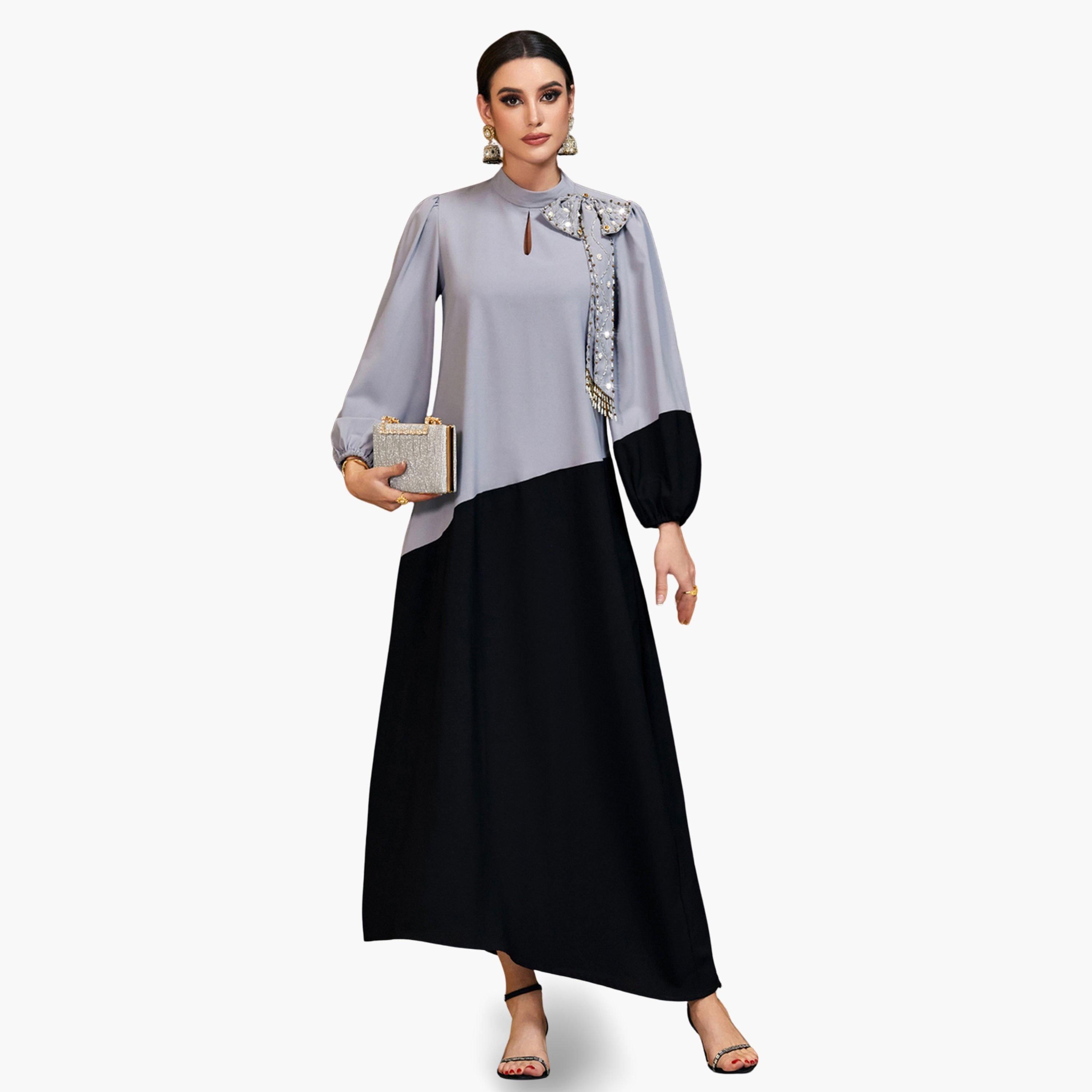 فستان طويل نسائي بنمط كتل الالوان وتفاصيل مزينة-women-clothing-dresses-image-1
