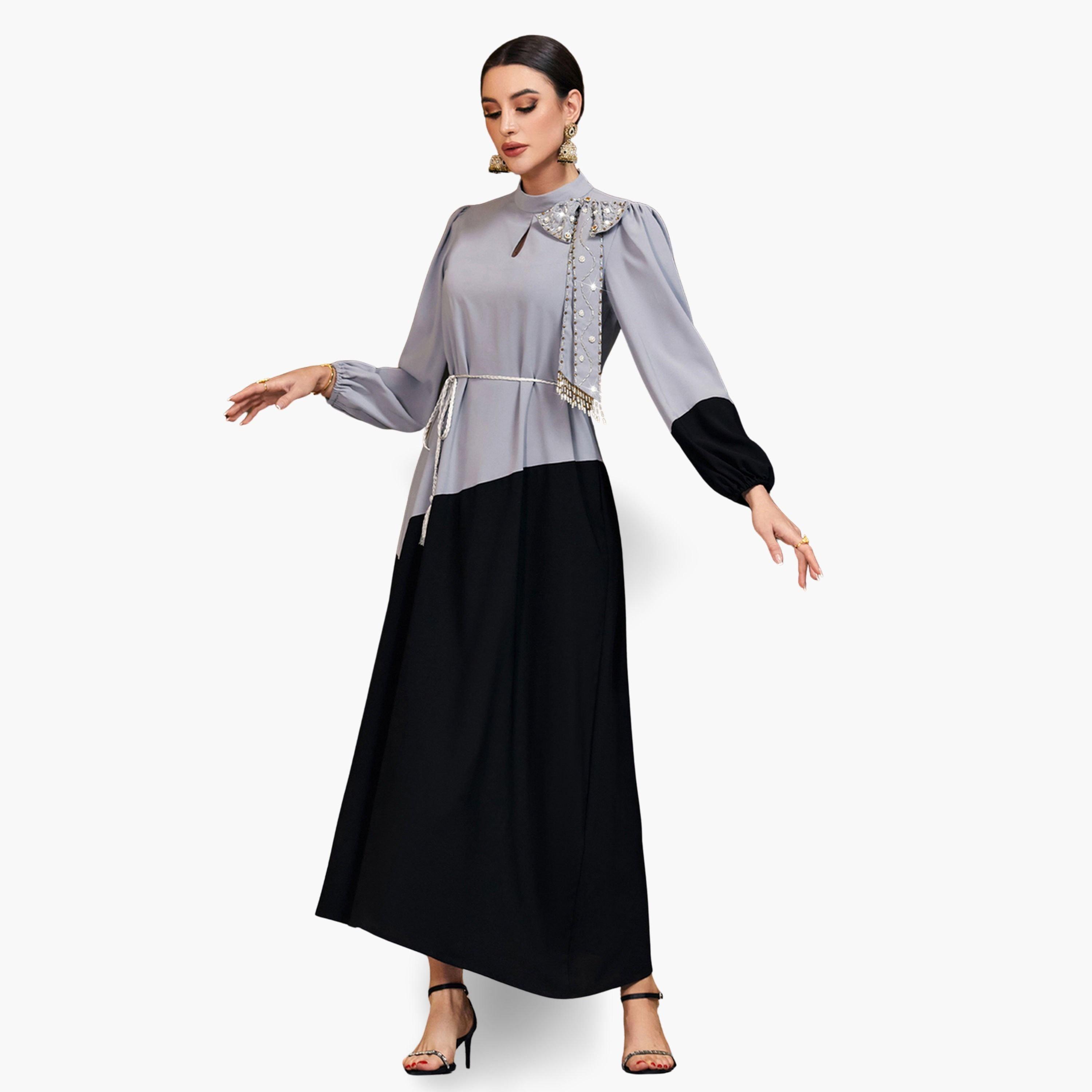 فستان طويل نسائي بنمط كتل الالوان وتفاصيل مزينة-women-clothing-dresses-image-2