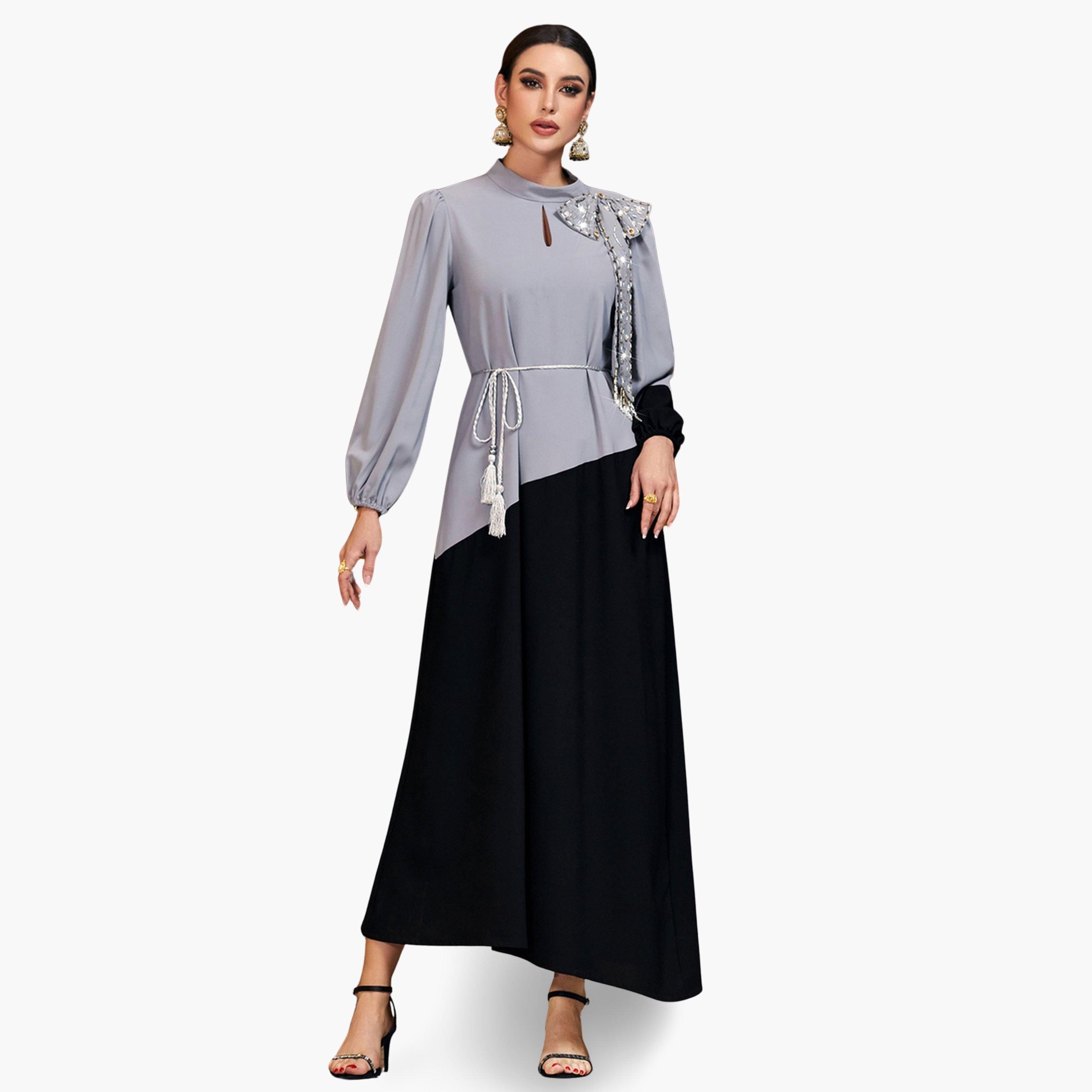 فستان طويل نسائي بنمط كتل الالوان وتفاصيل مزينة-women-clothing-dresses-image-3