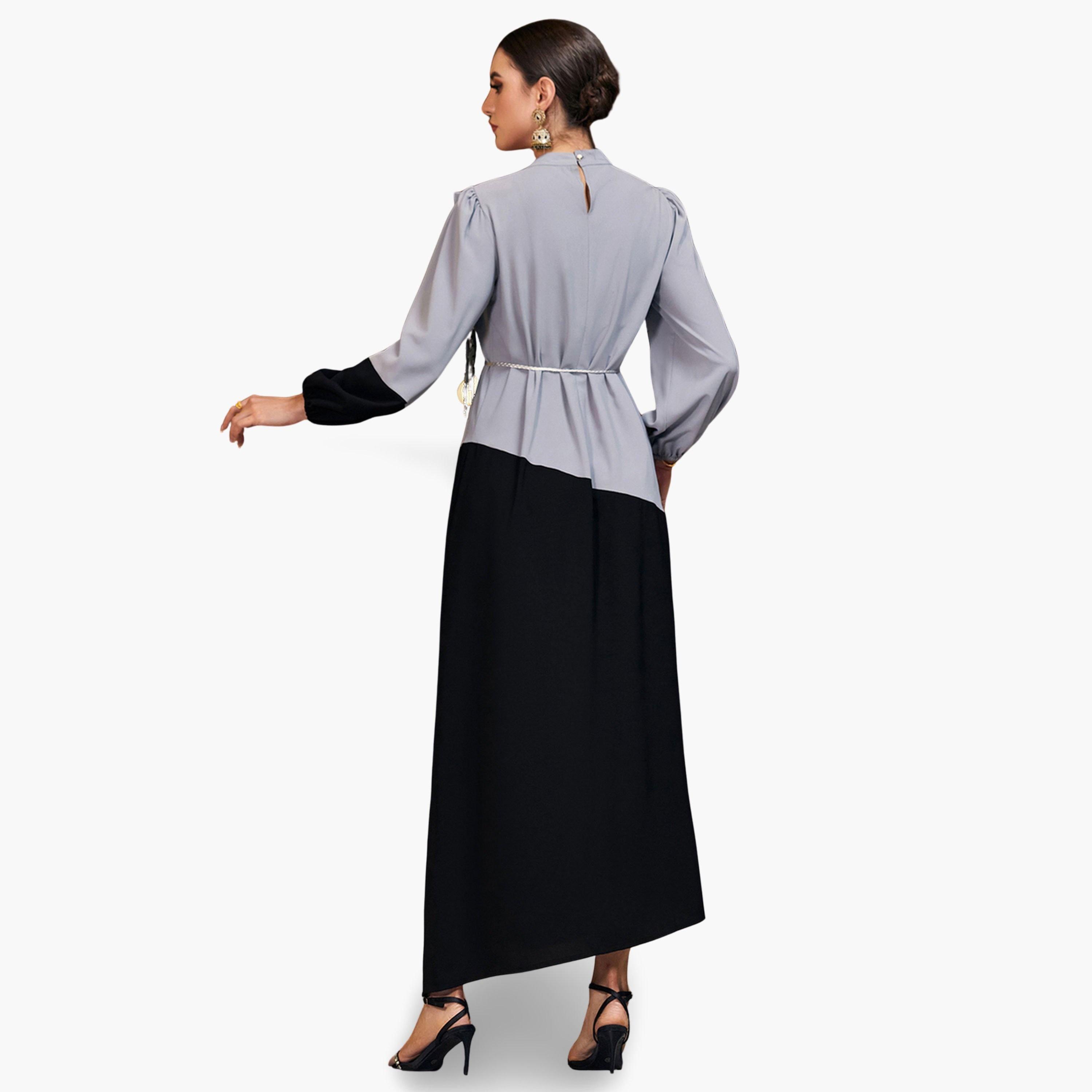 فستان طويل نسائي بنمط كتل الالوان وتفاصيل مزينة-women-clothing-dresses-image-4