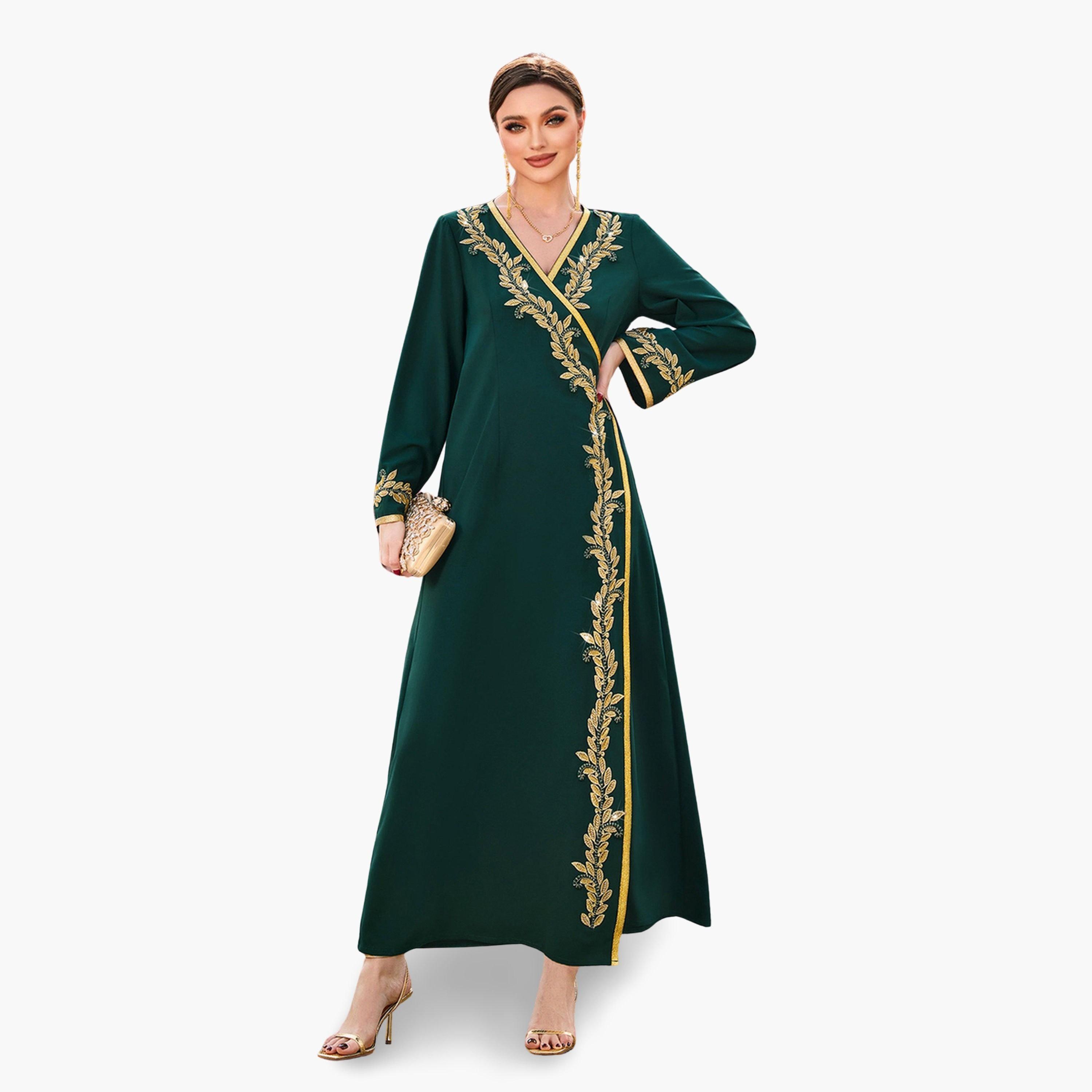 Take Two Women Green Golden Embroidered Flower Jalabiya-women-arabicclothing-jalabiyas-image-1