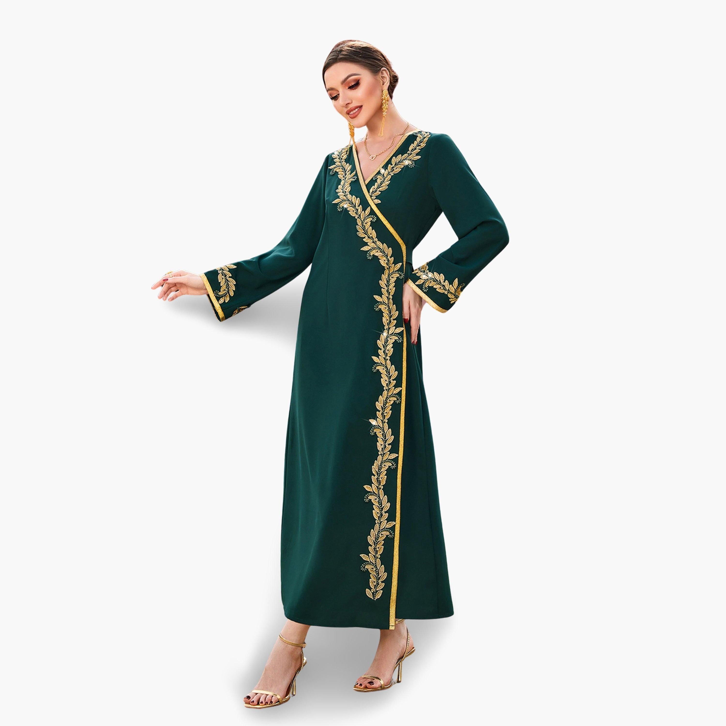 Take Two Women Green Golden Embroidered Flower Jalabiya-women-arabicclothing-jalabiyas-image-2
