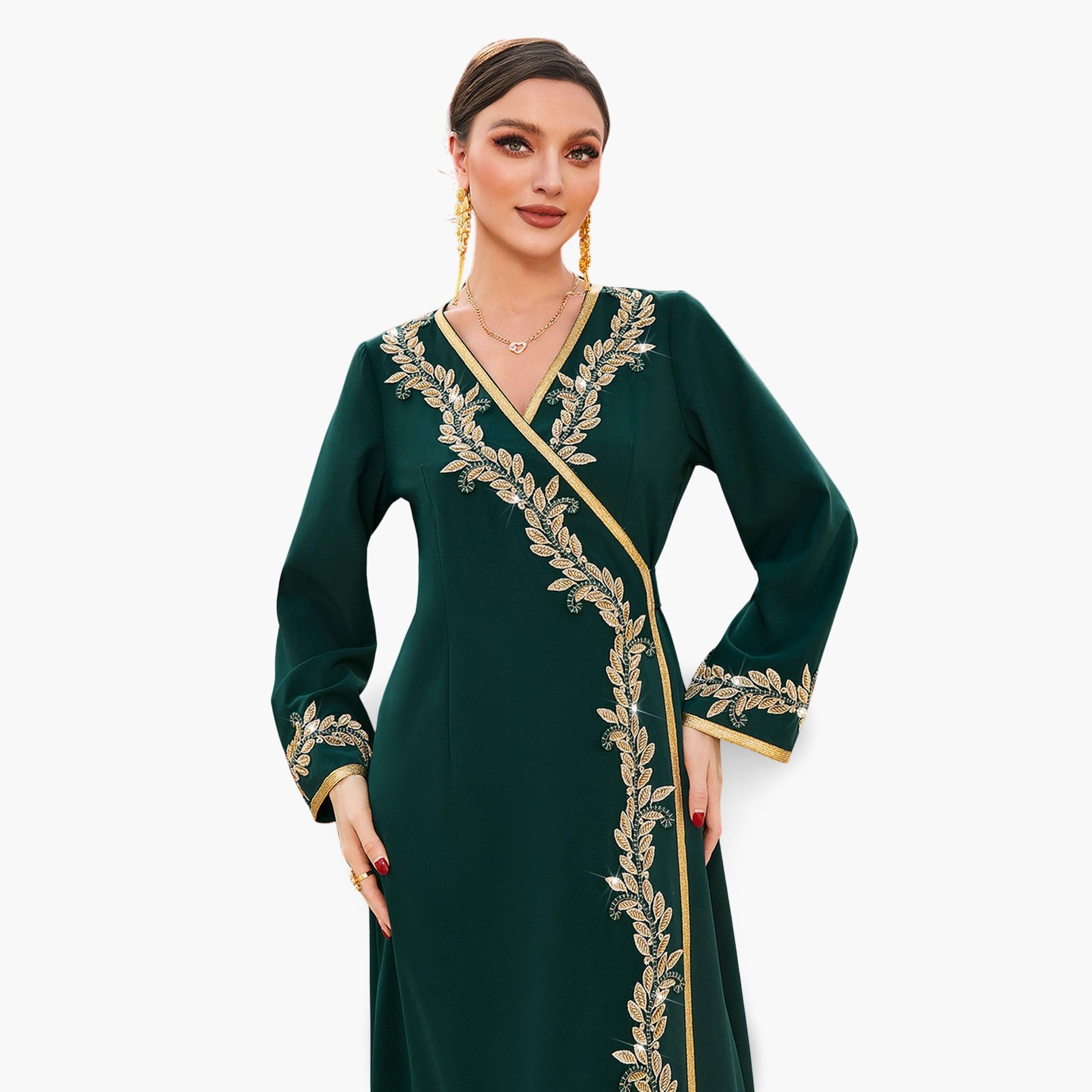 Take Two Women Green Golden Embroidered Flower Jalabiya-women-arabicclothing-jalabiyas-image-3