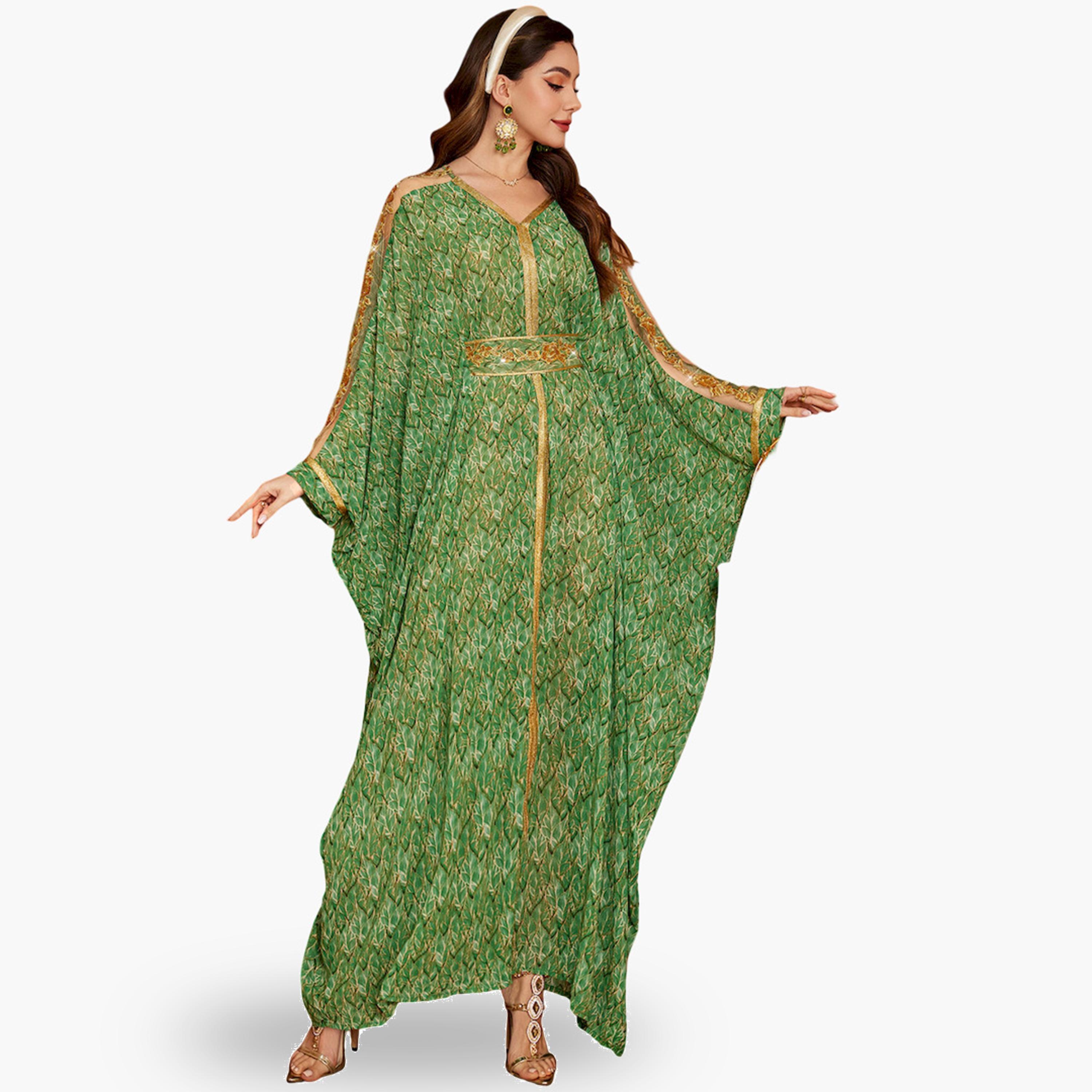 Take Two Women Green Printed Golden Trim Embellished Jalabiya-women-arabicclothing-jalabiyas-image-2