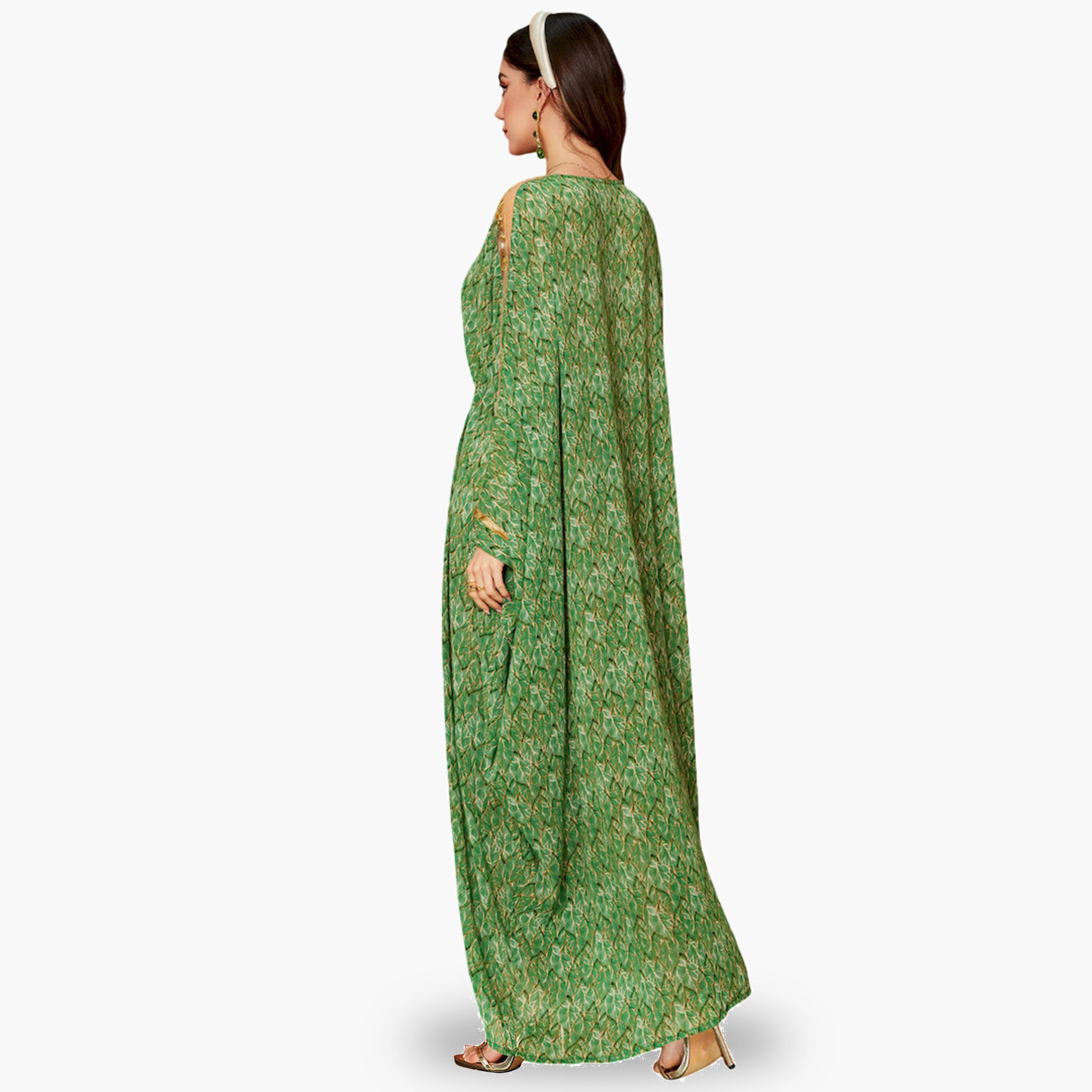 Take Two Women Green Printed Golden Trim Embellished Jalabiya-women-arabicclothing-jalabiyas-image-3