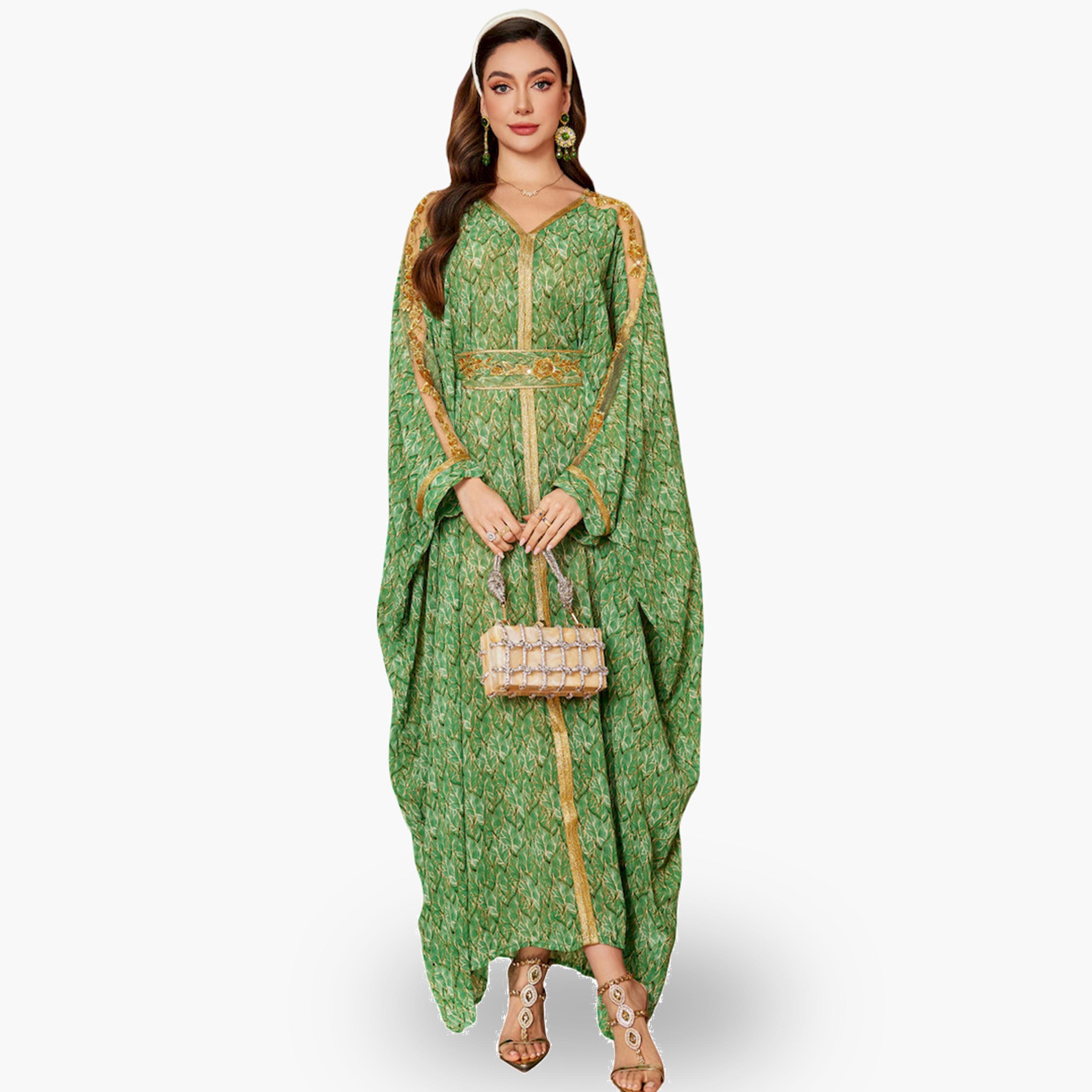 Take Two Women Green Printed Golden Trim Embellished Jalabiya-women-arabicclothing-jalabiyas-image-5