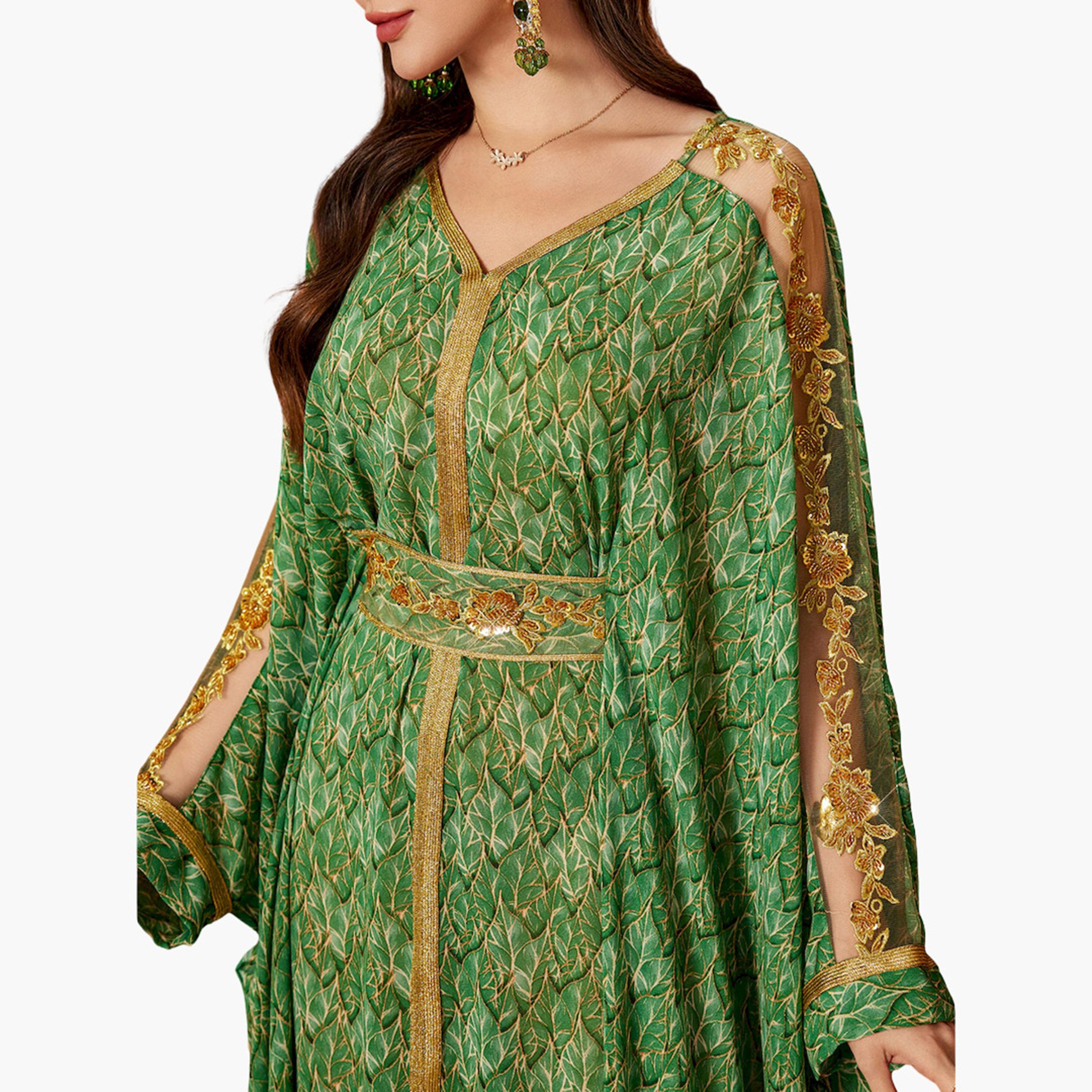 Take Two Women Green Printed Golden Trim Embellished Jalabiya-women-arabicclothing-jalabiyas-image-6